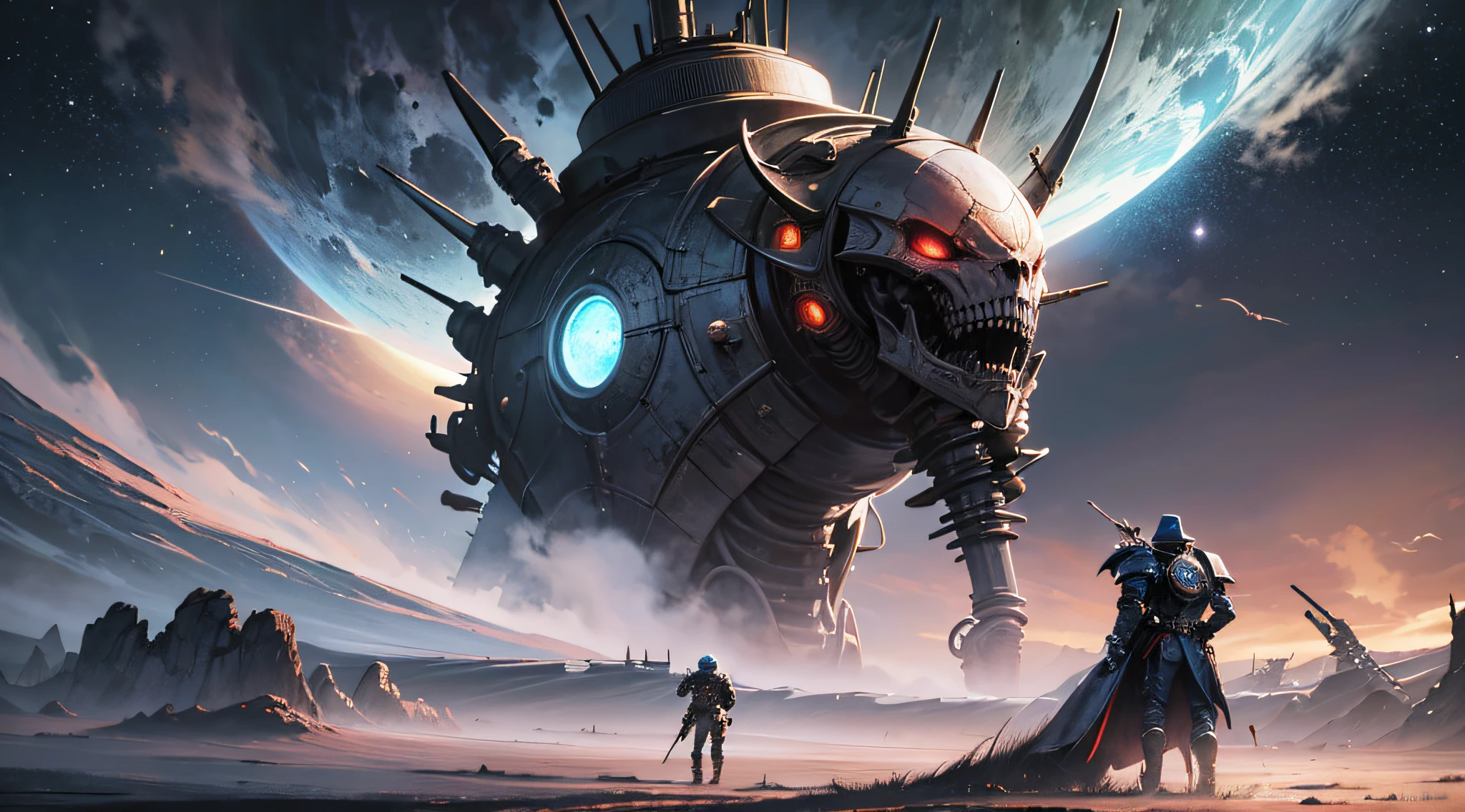A Space Marine Standing on A Alien Planet, A Huge Planet With Rings On the Horizon, wide Cinematic framing, Slight hint of Atmosphere, Milky Way, digital illustration, inspired by the artistry of H.R. Giger, featuring a surreal and eerie landscape with biomechanical elements, casting an ominous atmosphere over the lone Space Marine --v 5 --stylize 1000