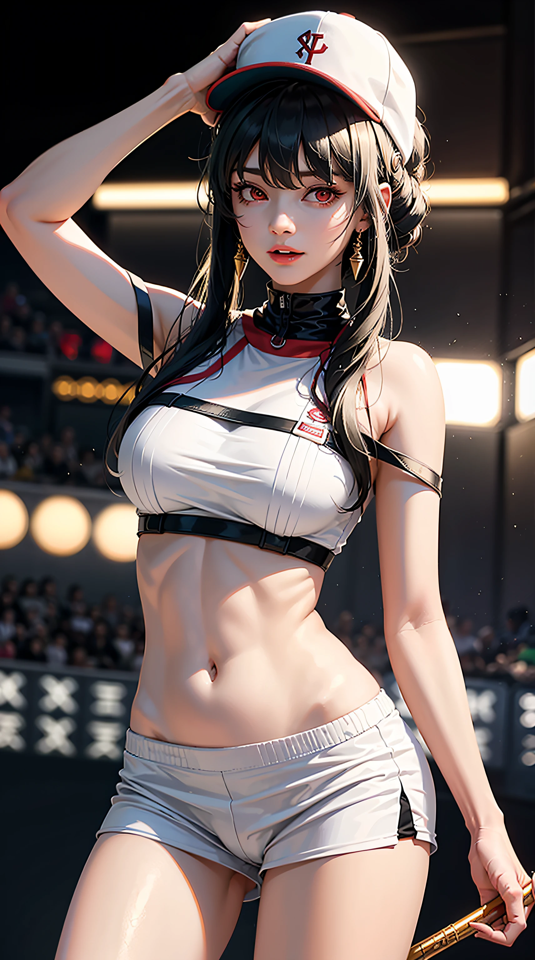 aayorf, red eyes, black hair, long hair, ponytail, beautiful, beautiful woman, perfect body, perfect breasts, wearing a white baseball outfit, wearing a baseball cap, on the baseball field, holding a baseball bat, looking at the audience, smiling slightly , realism, masterpiece, textured skin, super detail, high detail, high quality, best quality, 1080p, 16k