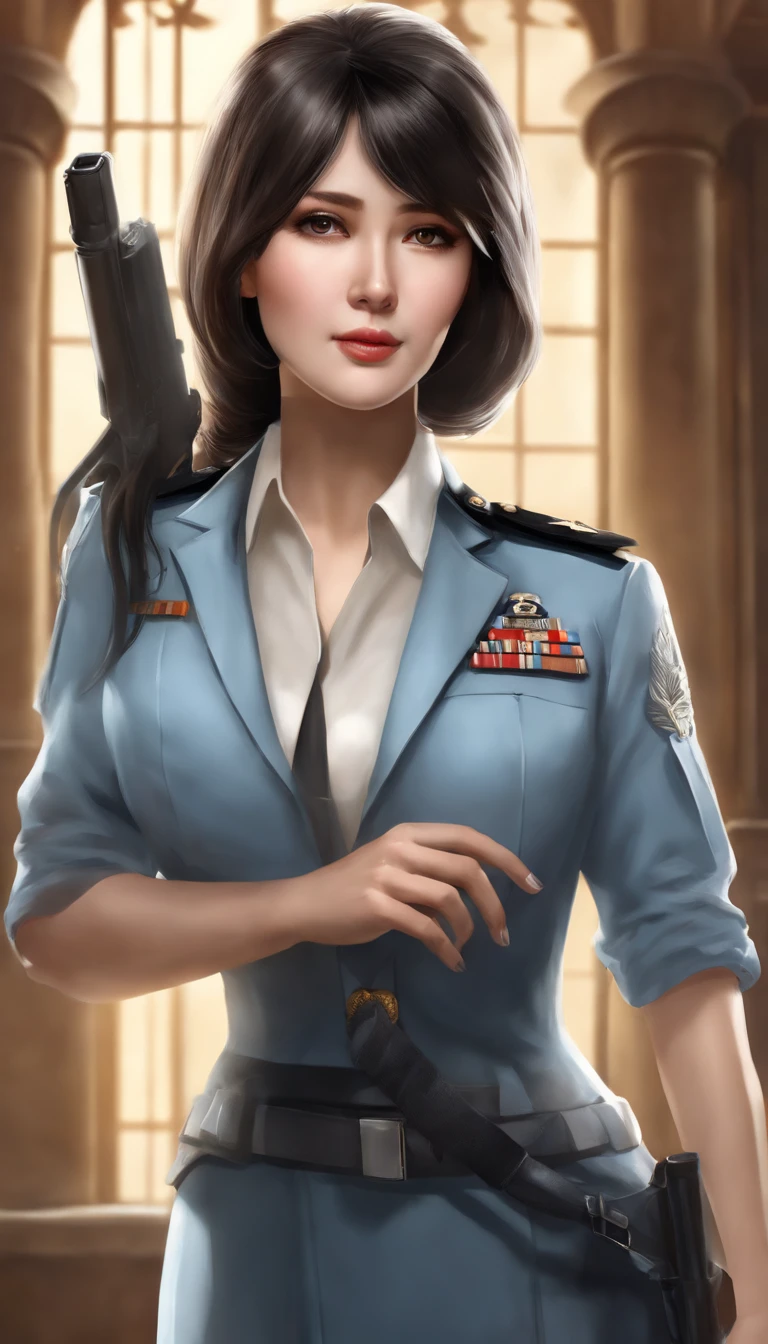 (highest resolution, distinct_image), best quality, masterpiece, highly detailed, semi realistic, a woman with black shoulder length hair, black pupils, mature, mature woman, imperial sister, sexy, short hair, triple bangs, light blue uniform, light blue uniform jacket, soldier, light blue pleated skirt, military uniform, fighter front, future, science fiction, universe