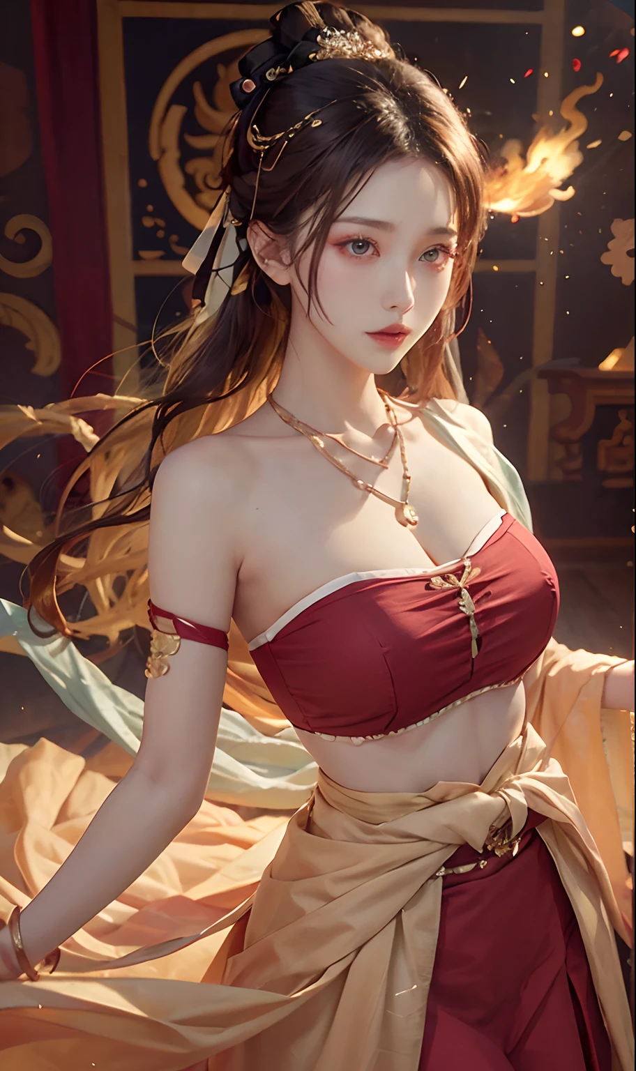 (8k, RAW photo, best quality, tmasterpiece:1.2), (realistic, photo-realistic:1.4), (Extremely detailed CG unity 8k wallpaper), （1 girl：1.5）,Beauty of the Western Regions，（Red clothes：1.4），There are red spots on the forehead，Pale skin，Blushlush，largeeyes，full bodyesbian，upper legs，Open navel，Gold-tone waist chain，golden ornaments，Flying ribbons，Particle，The background is the ancient city of Loulan， Ancient city walls，A desert，dance, dunhuang_dress, dunhuang_style,(RAW photo:1.2)，camel-toe，Hollow-out on，sweat leggs，White liquid， Smooth pink skin, shiny metallic glossy skin, Shiny，spread their legs，M-shaped legs，angry look，sullenness，Irritated，white liquid all over body，Full body like