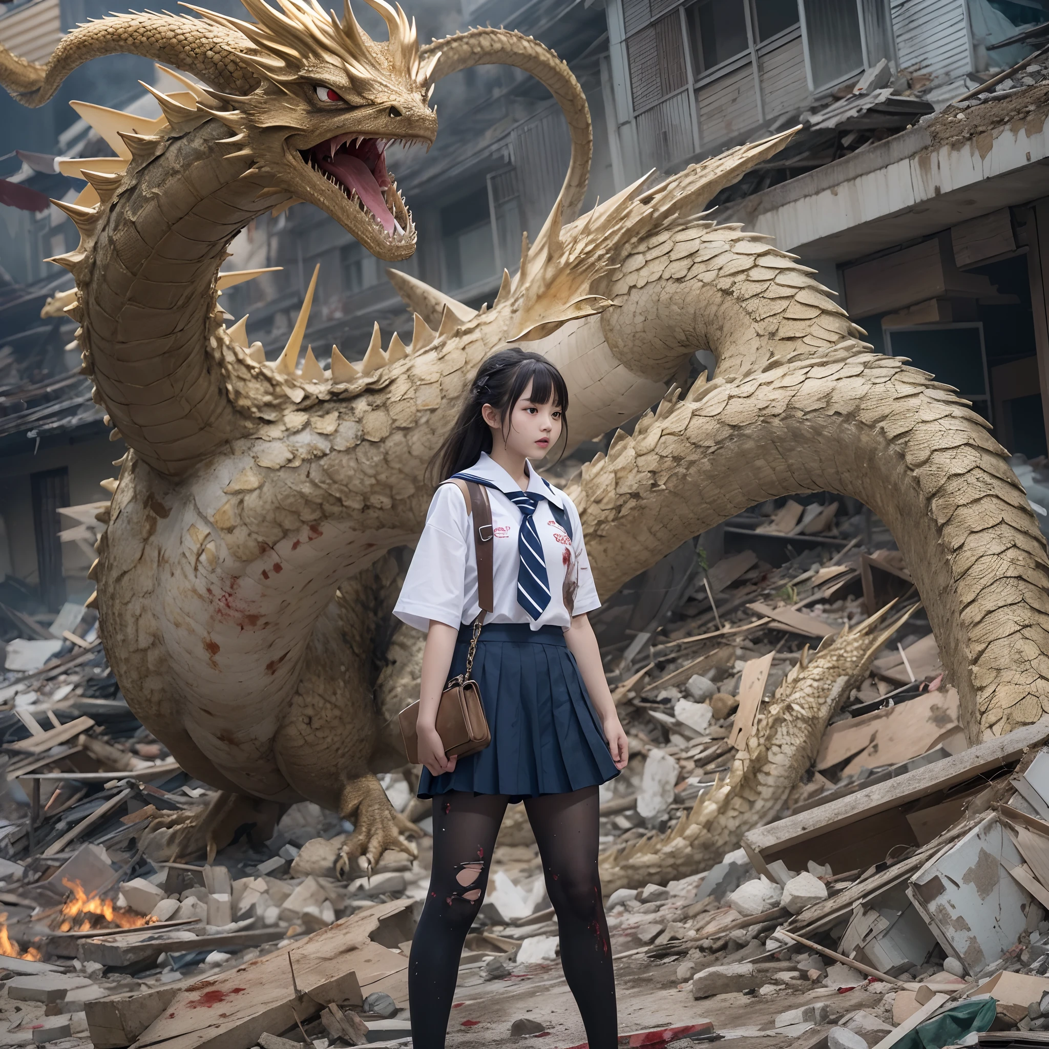 (in 8K、RAW Photos、top-quality、masterpiece:1.2)、(realisitic、Photorealsitic:1.37)、ultra-detailliert、超A high resolution、(King Ghidorah、Golden Dragon:1.2)、Beautiful -yeld hischool girl in Japan attacked by giant King Ghidorah in devastated Tokyo、terrified expression、School Uniforms、Schoolgirl Uniform、(Torn and dirty tattered sailor suit:1.2)、disheveled clothing、ripped fabric、(Clothes with blood stains:1.2)、Short pleated skirt、(Torn skirt:1.2)、Dirty hair、smudged face、(skin stained with blood and dust:1.2)、Running through the rubble、building crumbling、Burning flame、stunningly beautiful face、dynamic ungle、动态照明