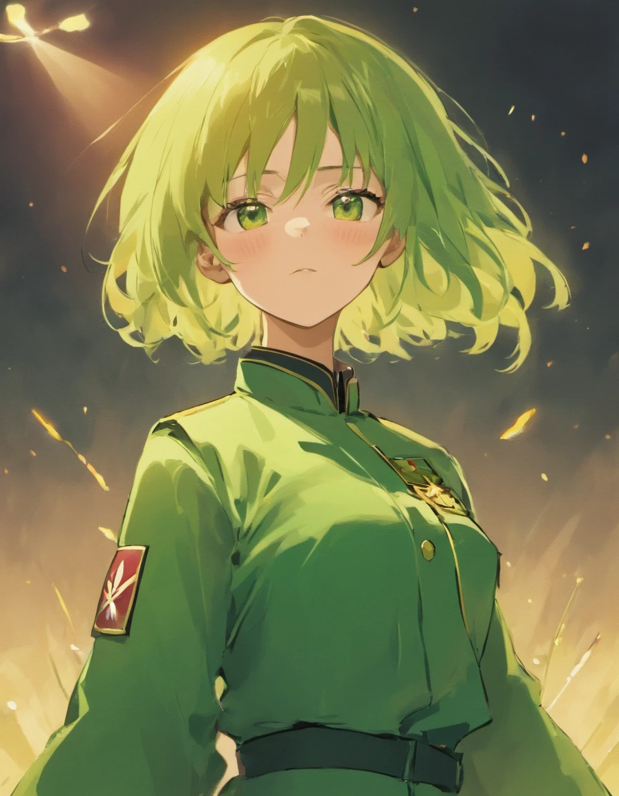 Wearing a green military uniform from the Chinese People's Liberation Army era with the national flag behind it, a firm salute with eyes simple cartoon