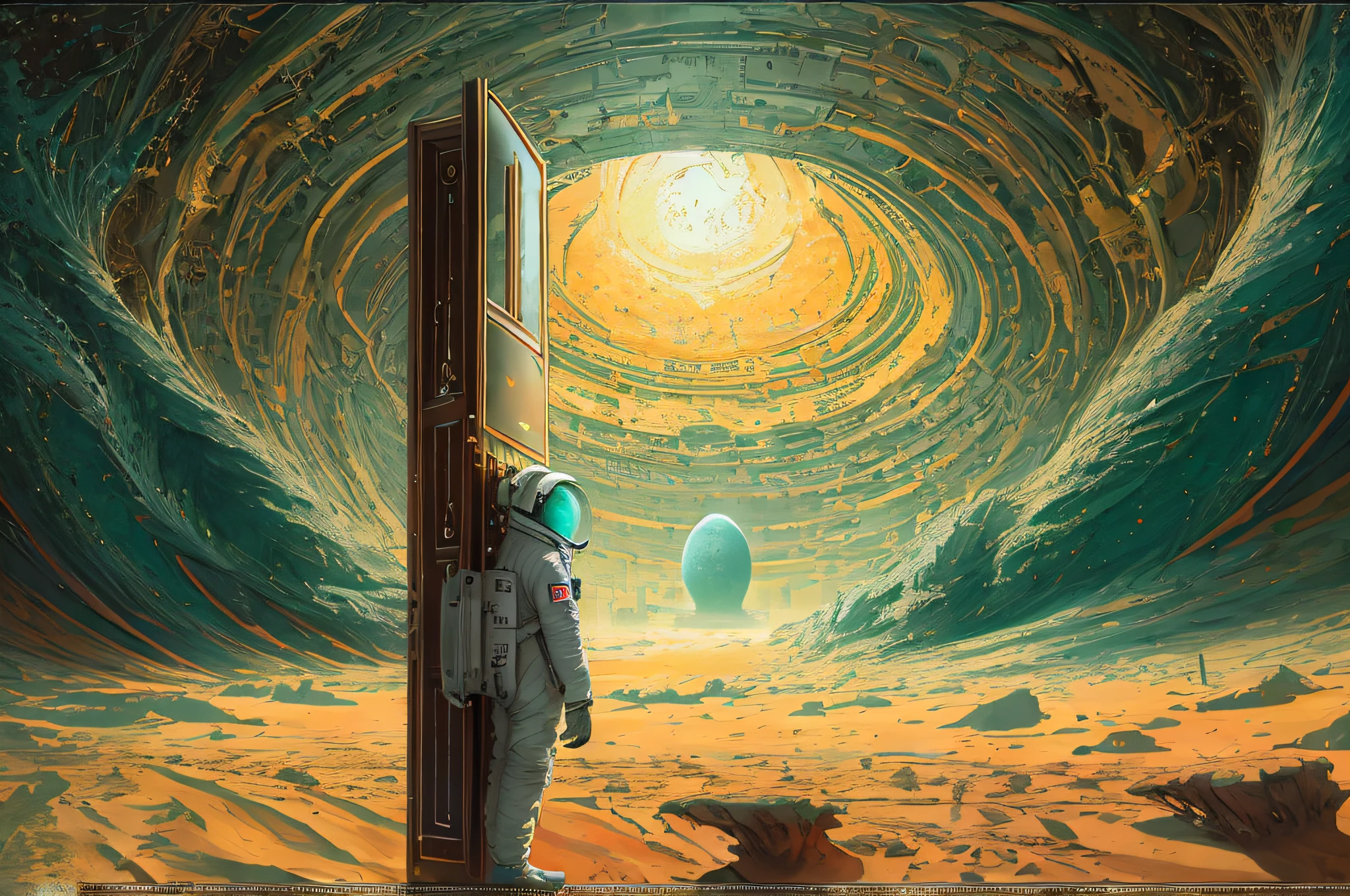 A captivating painting of an astronaut standing on a distant planet's dunes, with a massive, ancient-looking dimension door towering in the background. The astronaut's reflective visor captures the alien landscape, and the door emits an eerie, pulsating light.