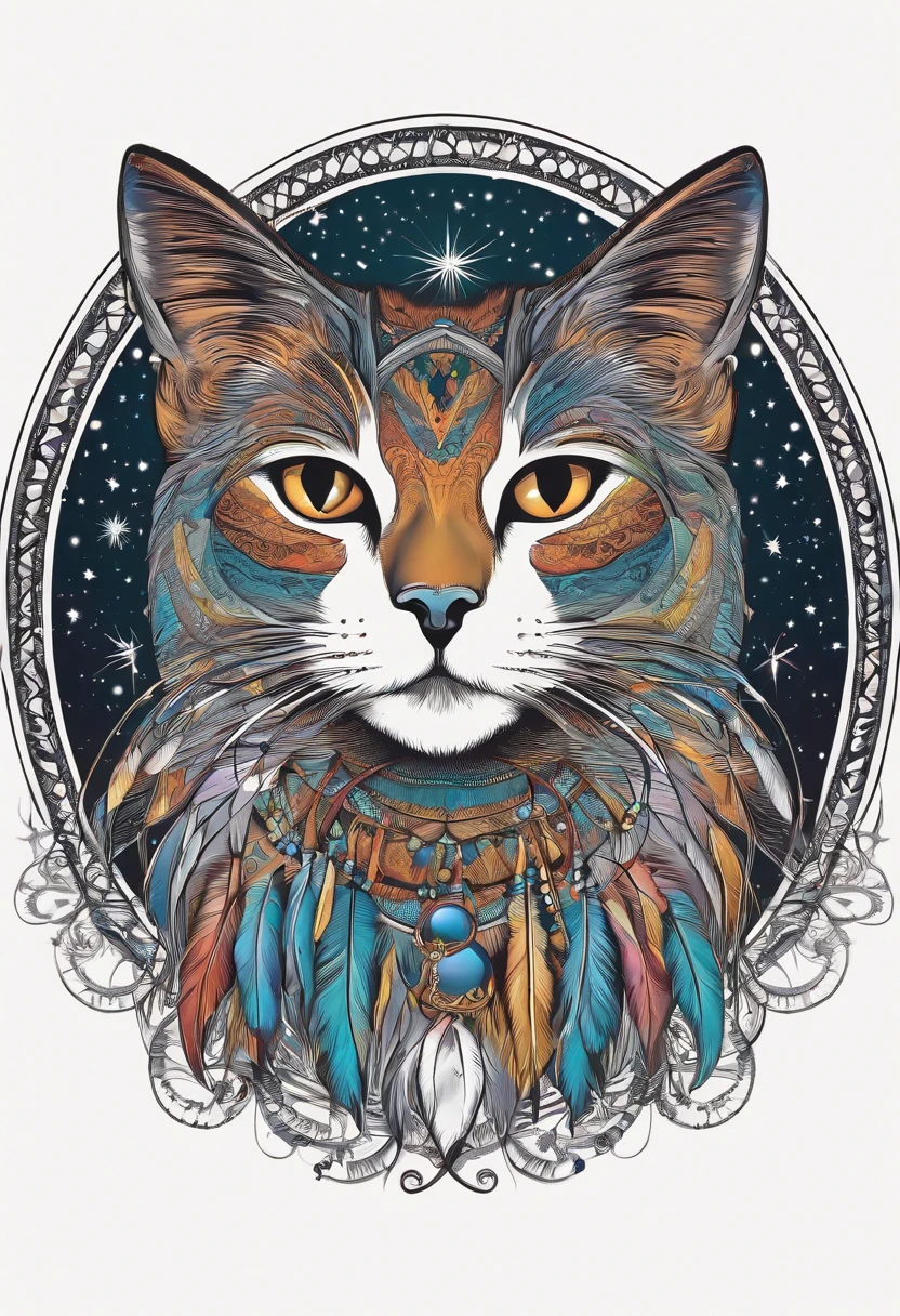 (Cat in the circle of dream catchers),"T-shirt design with cat face silhouette in circle, Crescent, and stars in the