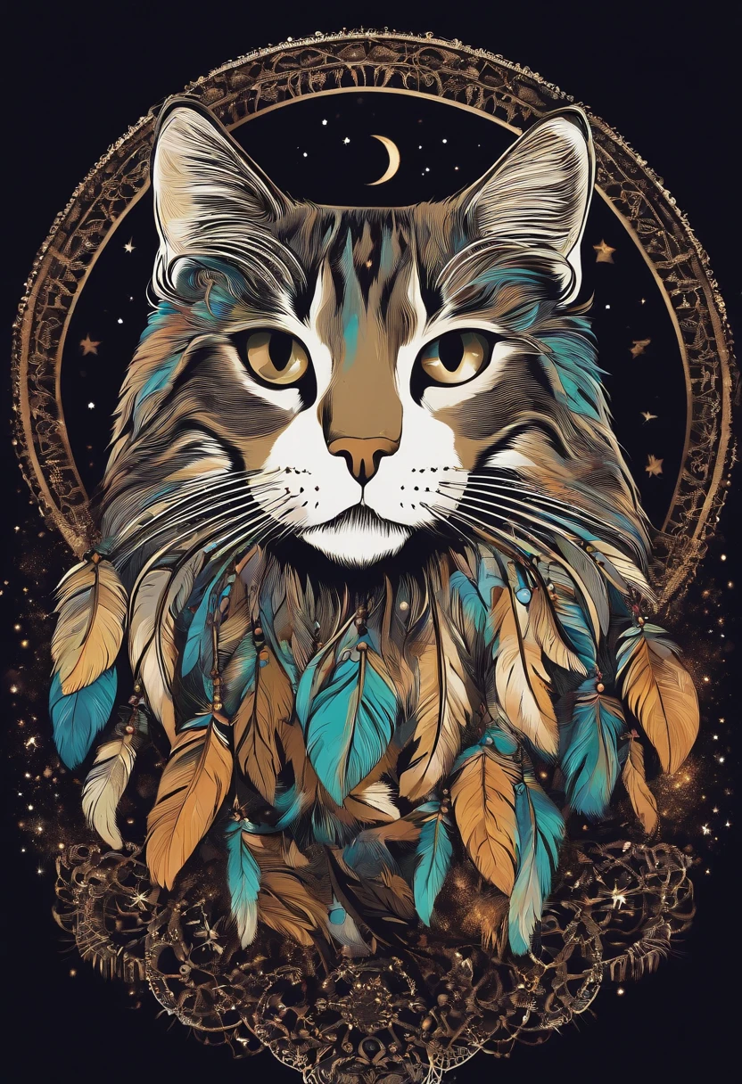 （Cat in the circle of dream catchers），"T-shirt design with cat face silhouette in circle, Crescent, and stars in the