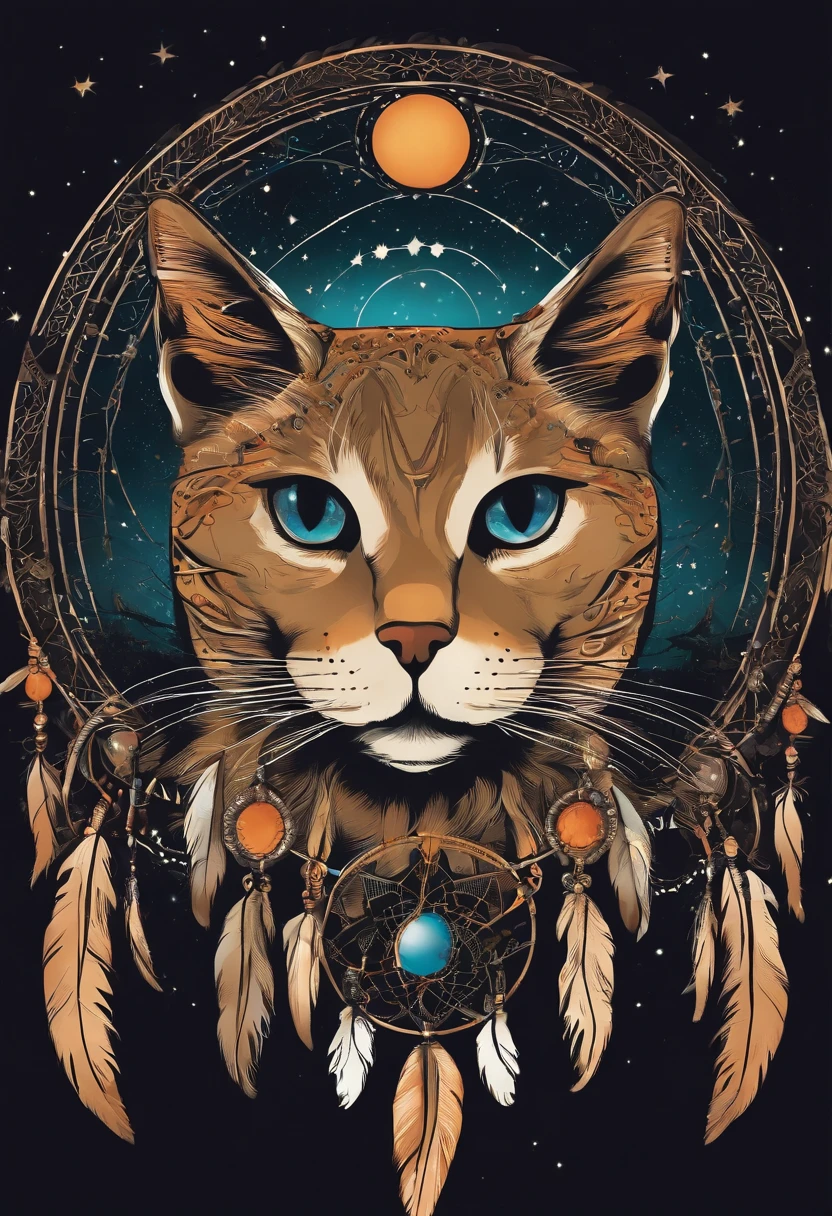 (Cat in the circle of dream catchers),"T-shirt design with cat face silhouette in circle, Crescent, and stars in the