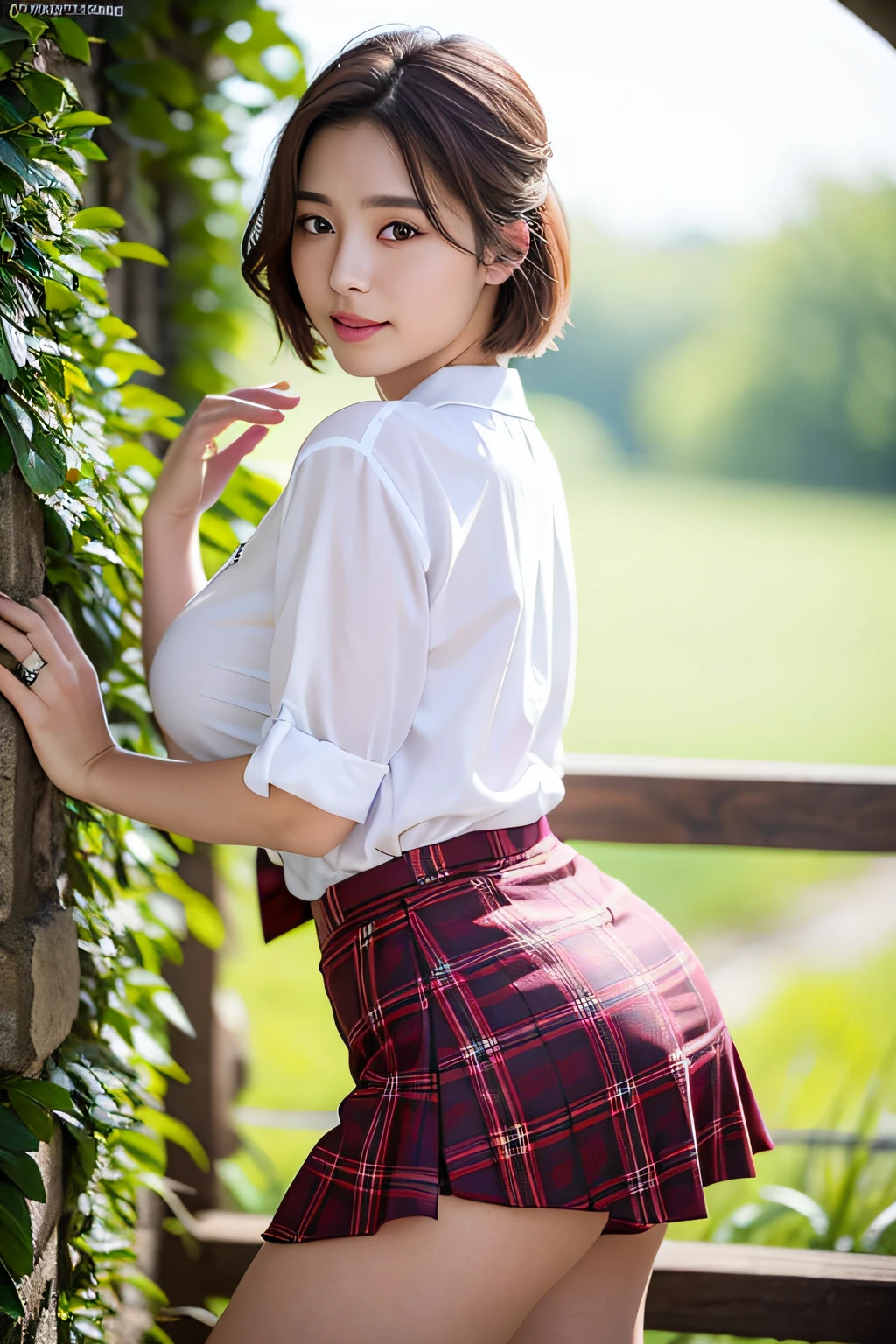 NSFW, 8k RAW photo, top-quality, masterpiece, 超A high resolution, film grains, filmg, 1girl in, looking at the viewers, natural skin textures, realistic eyes and face details, Full lips,, Fluffy short hair, hair messy, A smile, closes mouth, Beautiful legs, Tall lady, skiny, slim_Legs, 独奏, huge-breasted, Pose with your buttocks facing you, Ultra short skirt, buttock, The shirt, Beautiful natural places, Around the position of the flower, (细致背景), white shirt, huge-breasted, lowfers, blurry backround, bblurry, ngel, Plaid, shortsleeves, JK ribbon on neck, JK Ribbon, brown haired, A bracelet, Eau, bangss, 校服, jewely, cparted lips, s lips, From the side, pleatedskirt, depth of fields
