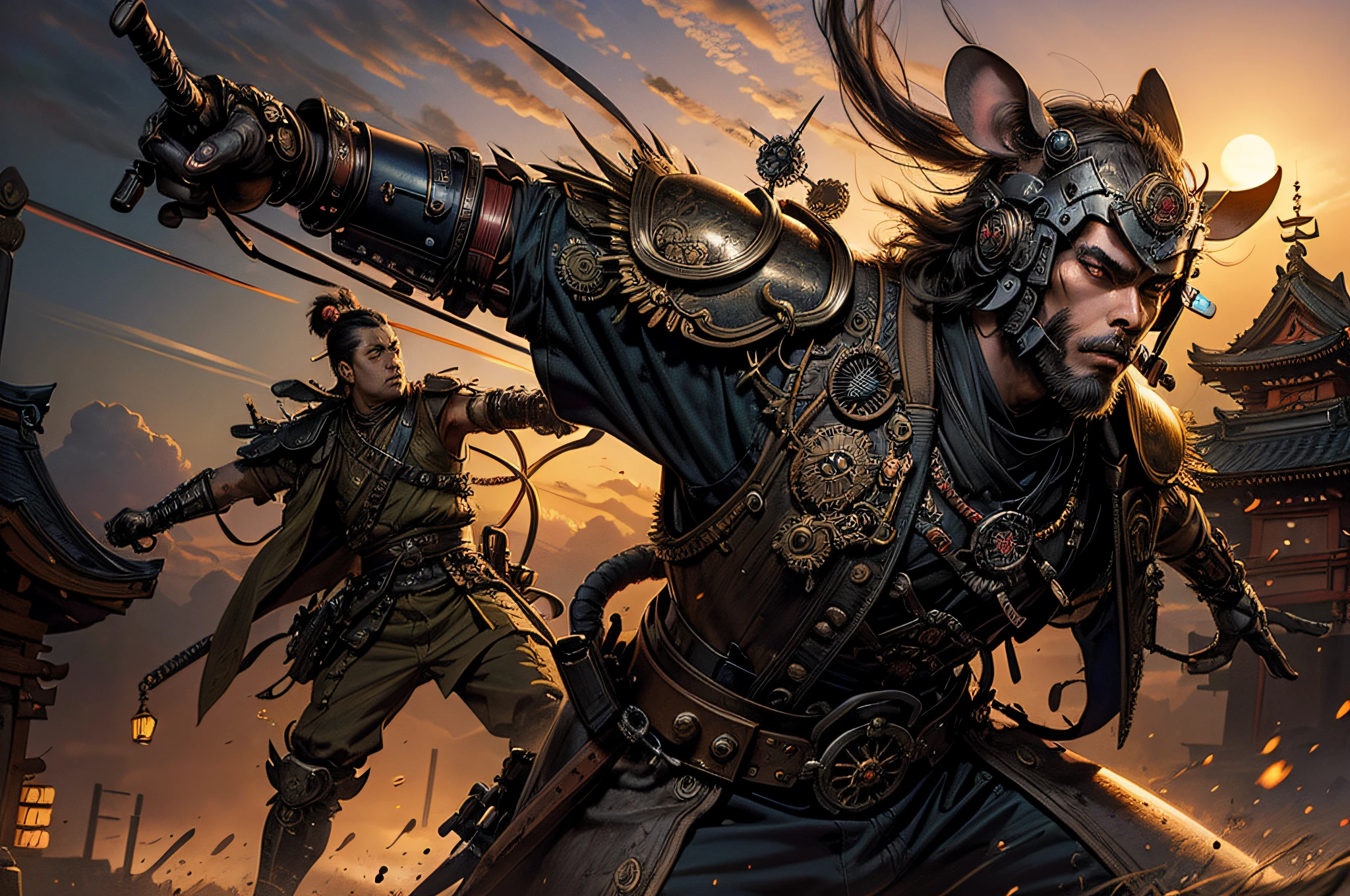 A digital illustration merging the worlds of steampunk and feudal Japan, depicting a Mouse Samurai guarding a shrine at sunset. The samurai's armor is adorned with intricate gears and mechanical elements, and the shrine is an amalgamation of ancient and futuristic design.