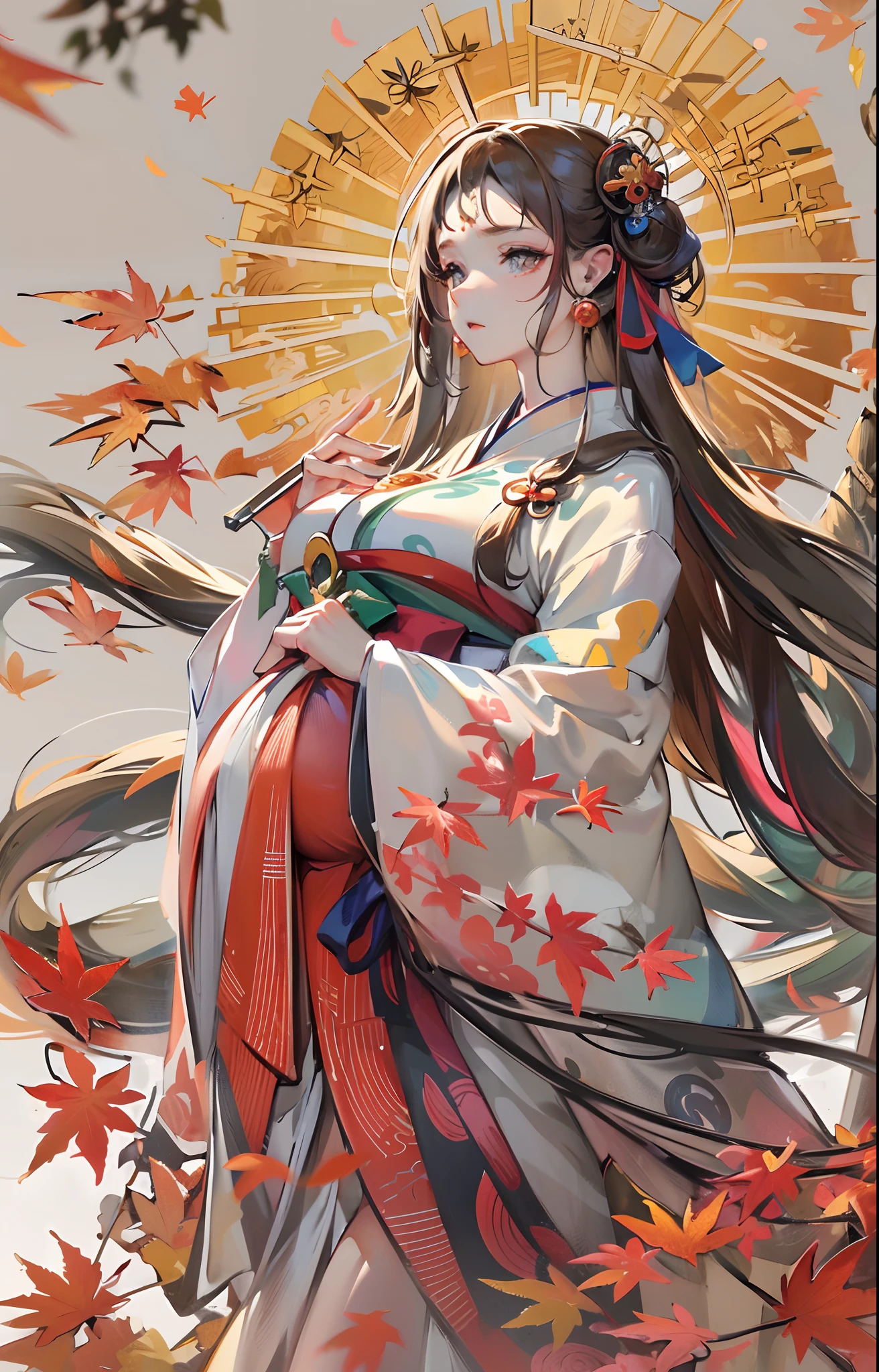 ((tmasterpiece))，(Best quality at best)，(A half body)，(ultra intricately detailed)，(Highest definition)，(8K)，(Clean lines)，(Perfect facial features，Perfect flesh)，(offcial art)，1 mother，Married Woman，shrine maiden，cabelos preto e longos，(爆乳)，A Japanese shrine，(Pregnant women with)，Giant buttocks，((super gigantic breasts))，Maple leaves，paleskin，shrine maiden clothe，An expression of shame