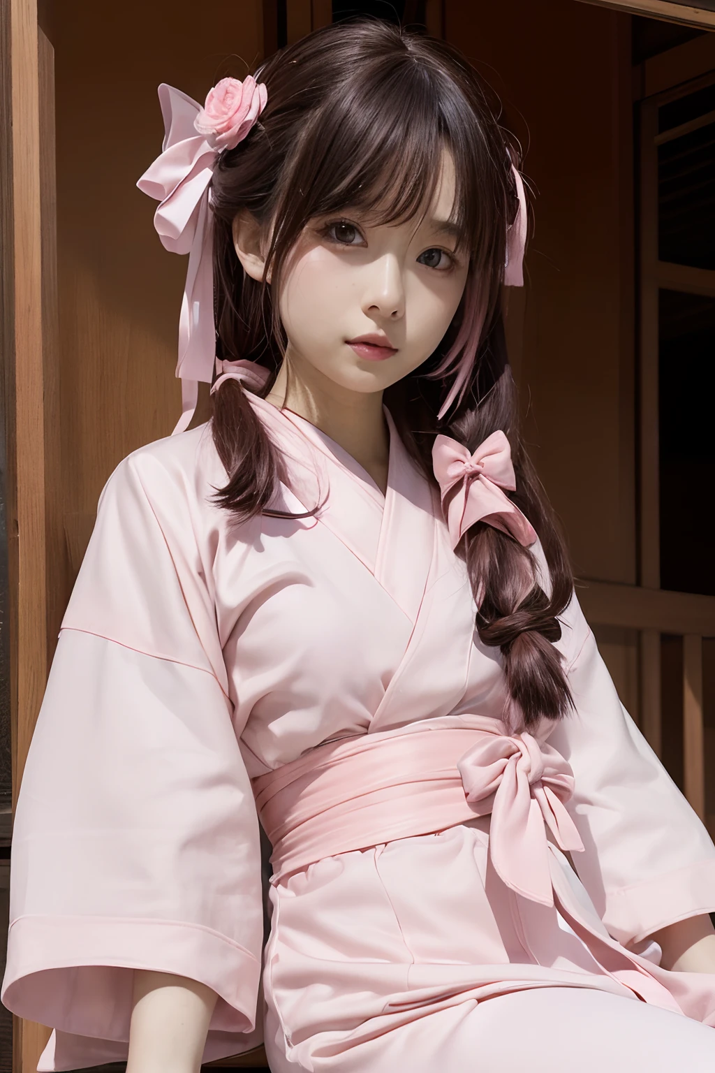 Masterpiece, Best quality, high resolution, venus1,1girll, Solo, Tsuko Kamodo, Bamboo, Brown hair, (((Pink ribbon)) ，Long hair, Looking at the audience, Pink eyes, Pink kimono, Pink ribbon, Solo,