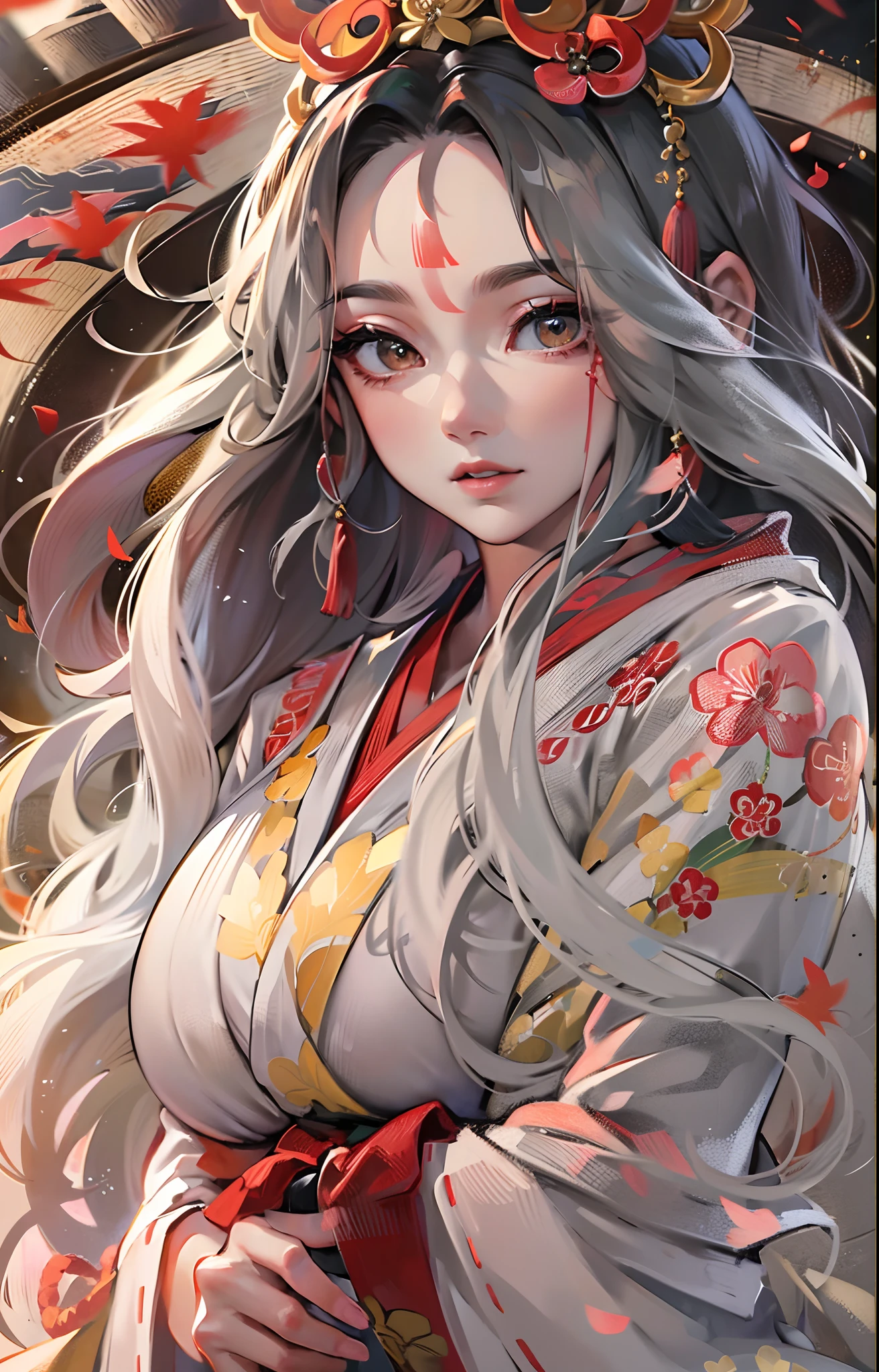 ((tmasterpiece))，(Best quality at best)，(A half body)，(ultra intricately detailed)，(Highest definition)，(8K)，(Clean lines)，(Perfect facial features，Perfect flesh)，(offcial art)，1 mother，Married Woman，shrine maiden，cabelos preto e longos，(Amaterasu)，A Japanese shrine，pregnant women with，Giant buttocks，((super gigantic breasts))，Maple leaves，paleskin，shrine maiden clothe