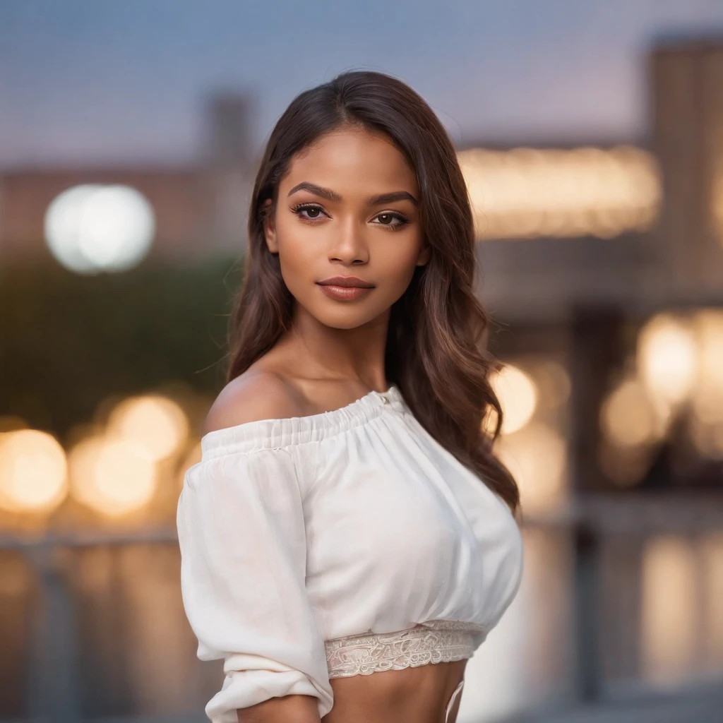 beautiful 25 year old girl posing in a club, African American, brown skin, skinny, flat chest, tiktok, instagram, sarah b. alston and co, associate attorney, best quality, 1girl, blur background, bokeh, (mall:1.4), ((wearing a white shirt)), gorgeous, beautiful detailed sky, (dynamic pose:1), soft lighting, wind, ((portrait:1.4))