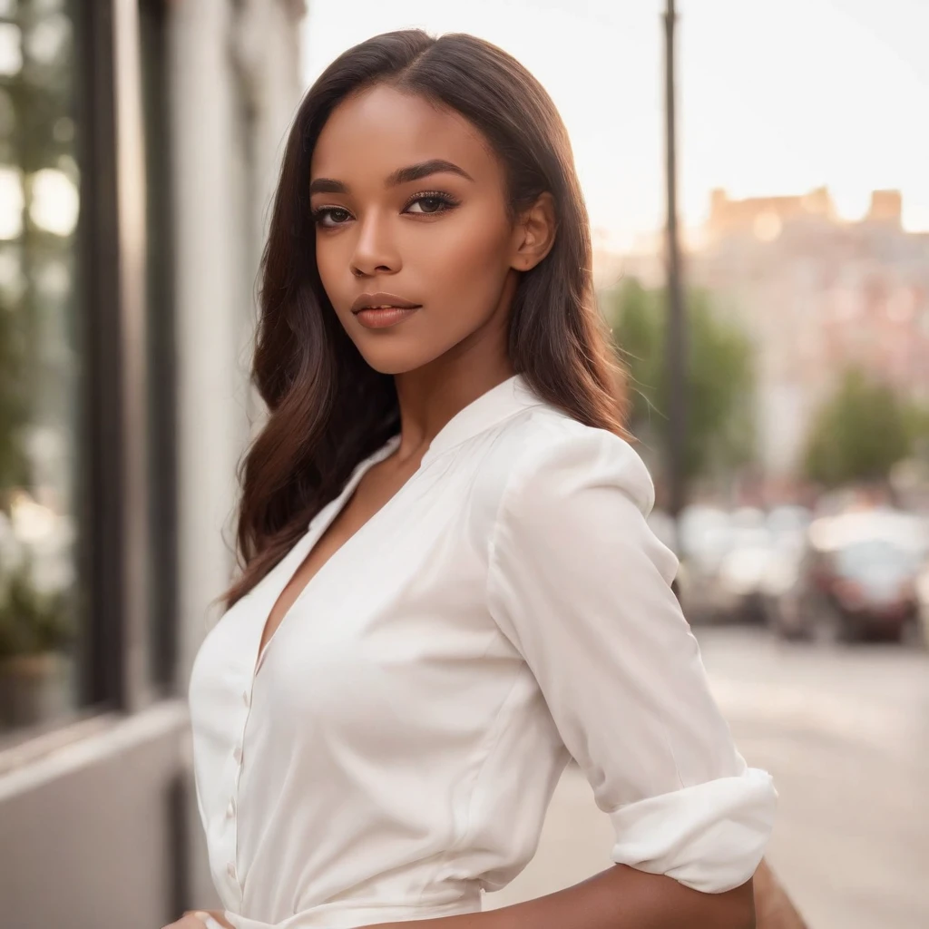 beautiful 25 year old girl posing in a club, African American, brown skin, skinny, flat chest, tiktok, instagram, sarah b. alston and co, associate attorney, best quality, 1girl, blur background, bokeh, (mall:1.4), ((wearing a white shirt)), gorgeous, beautiful detailed sky, (dynamic pose:1), soft lighting, wind, ((portrait:1.4))