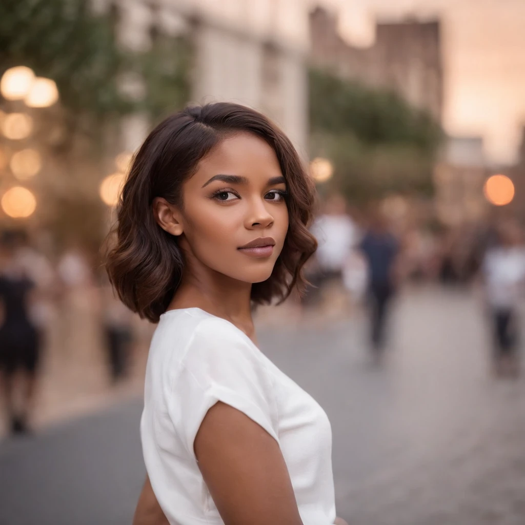 beautiful 25 year old girl posing in a club, African American, brown skin, skinny, flat chest, tiktok, instagram, sarah b. alston and co, associate attorney, best quality, 1girl, blur background, bokeh, (mall:1.4), ((wearing a white shirt)), gorgeous, beautiful detailed sky, (dynamic pose:1), soft lighting, wind, ((portrait:1.4))