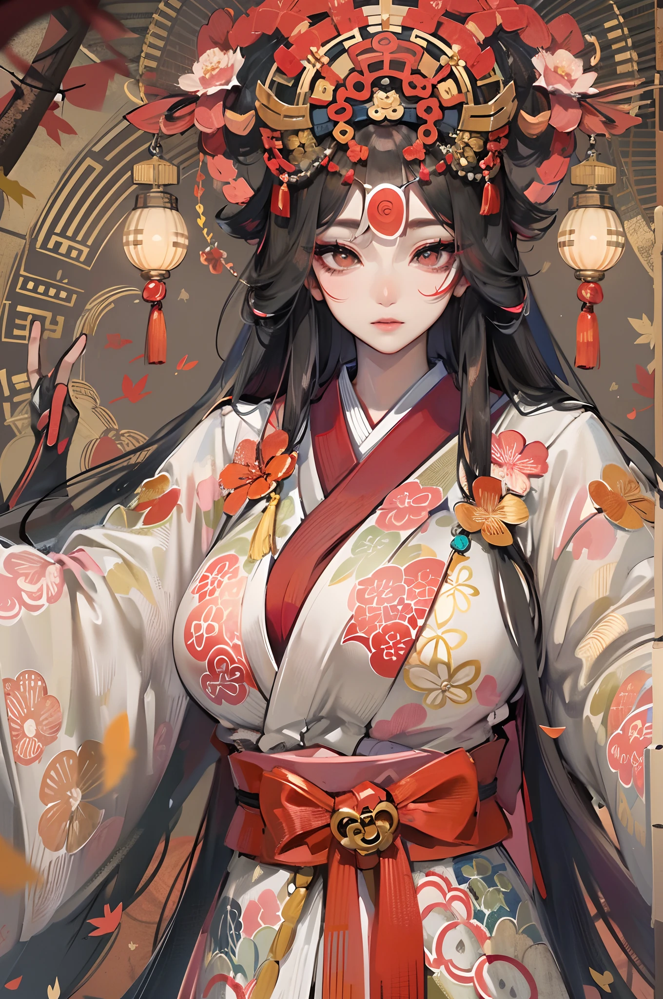 ((tmasterpiece))，(Best quality at best)，(A half body)，(ultra intricately detailed)，(Highest definition)，(8K)，(Clean lines)，(Perfect facial features，Perfect flesh)，(offcial art)，1 mother，Married Woman，shrine maiden，cabelos preto e longos，(Amaterasu)，A Japanese shrine，(prengant)，Giant buttocks，((super gigantic breasts))，Maple leaves，paleskin，shrine maiden clothe