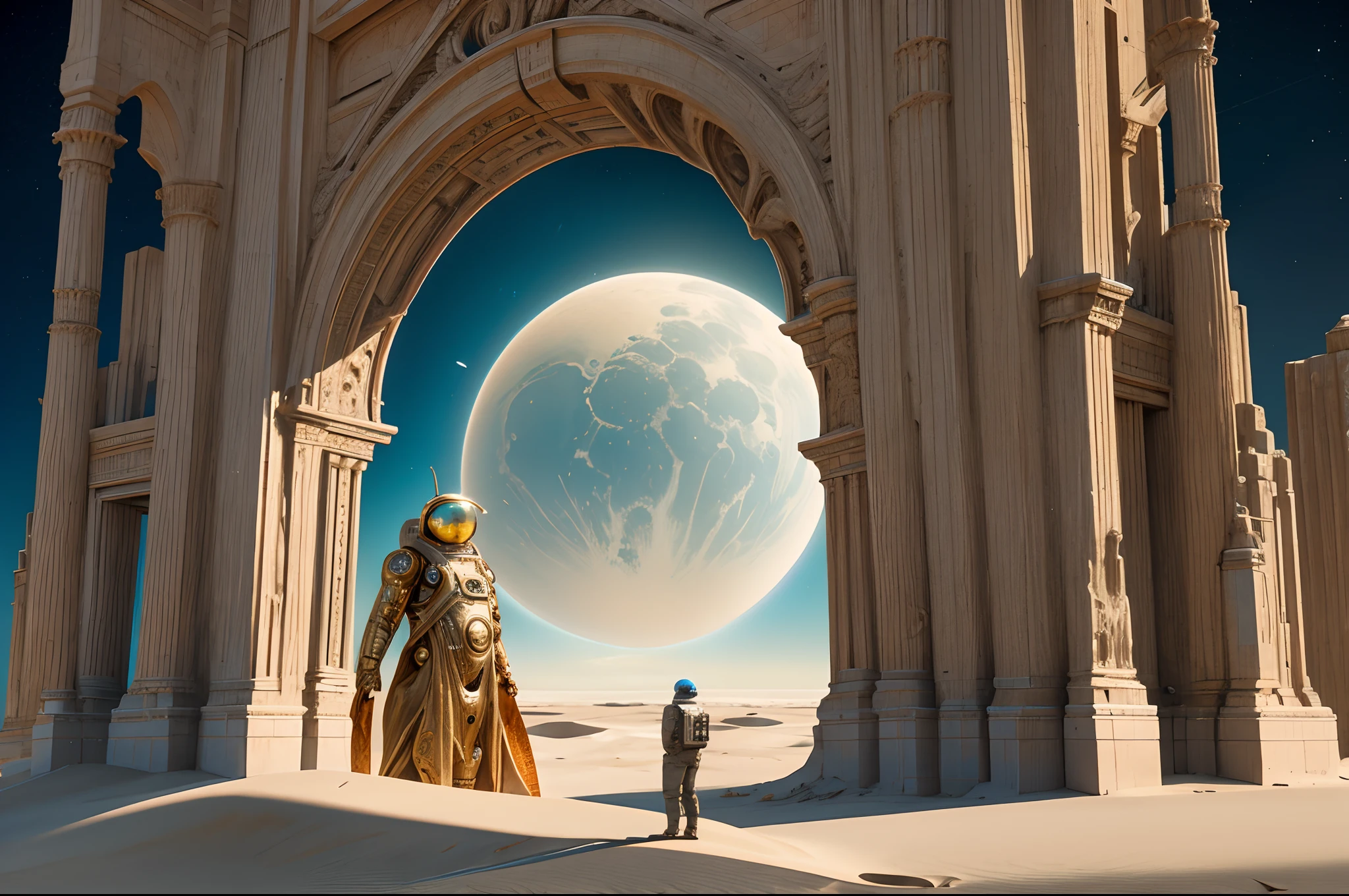 A digital artwork featuring an astronaut standing on a desolate dune, gazing up at a massive, ornate dimension door adorned with intricate symbols. The scene combines elements of science fiction and fantasy, inviting viewers to imagine the mysteries of interdimensional travel.