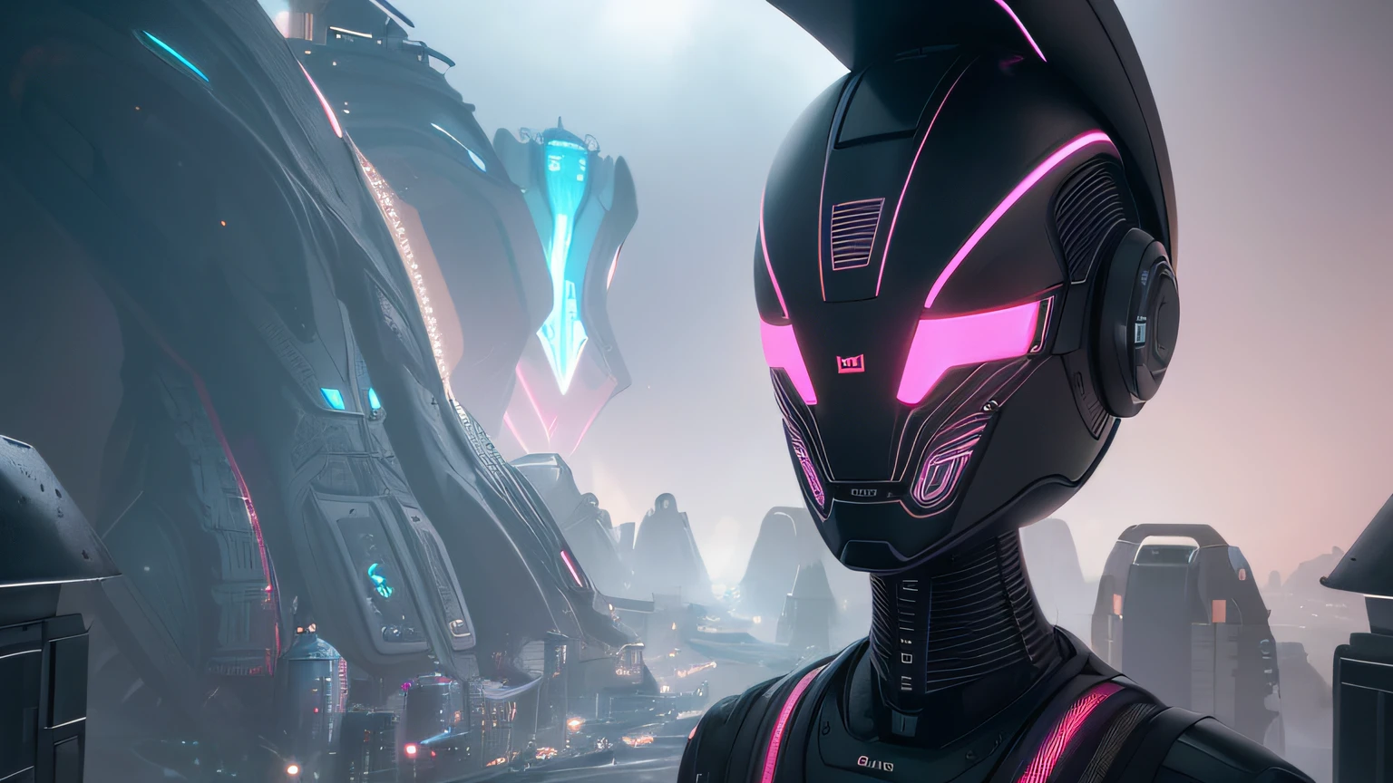 old photography filter, old photo, old camera. a black robot. Room with neom lights, balcony for alien life. alien city. White and Pink, 8K, Realistic photo, male robot, deep color, fantastical, intricate detail, splash screen, complementary colors, 8k resolution trending on Artstation Unreal Engine 5"