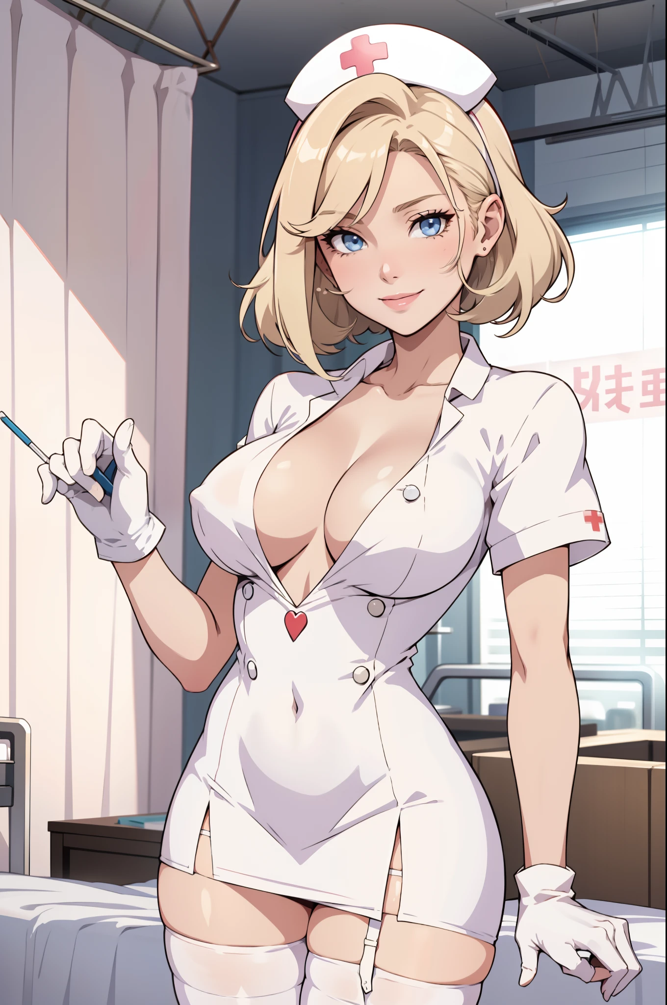 1womanl, Nurse, Nurse Cap, Whiteware, ((White legwear, zettai ryouiki)), White Gloves, Blonde hair, Blue eyes, pink lipsticks, Smile, Standing, sharp outline, Short sleeves, a matural female, 35 year old, Best Quality, masutepiece, infirmary, As chest shows, chest escaping, tit visible