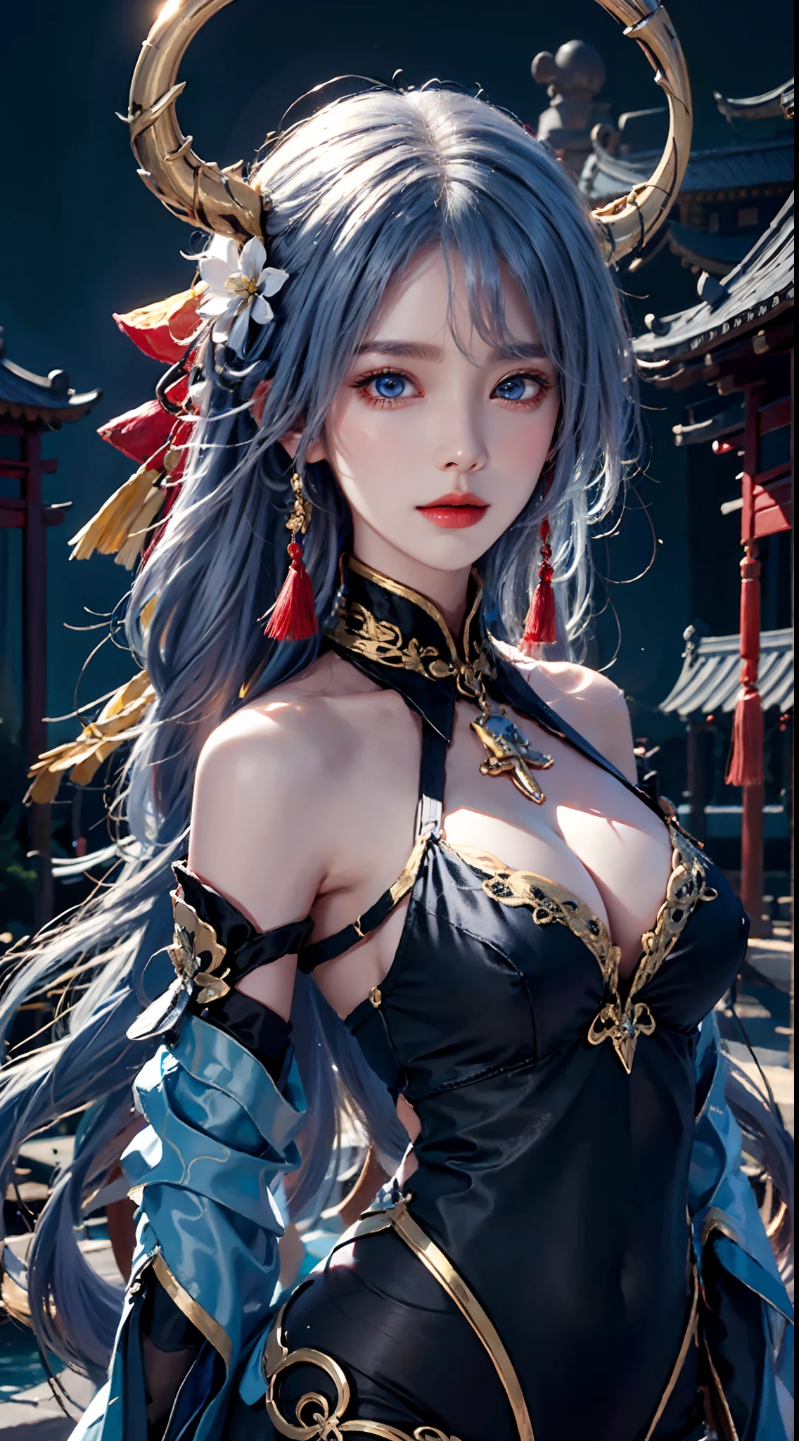 photorealistic, high resolution,masterpiece,best quality,ultra-detailed, 1women, hips up, blue eyes, ahoge, architecture, bangs, bare shoulders, bell, black gloves, black pantyhose, (blue hair), blush, breasts, chinese knot, detached sleeves, east asian architecture, flower knot, gloves, horns, long hair, medium breasts, neck bell, night, outdoors, pantyhose, purple eyes, tassel, white sleeves , intricate,