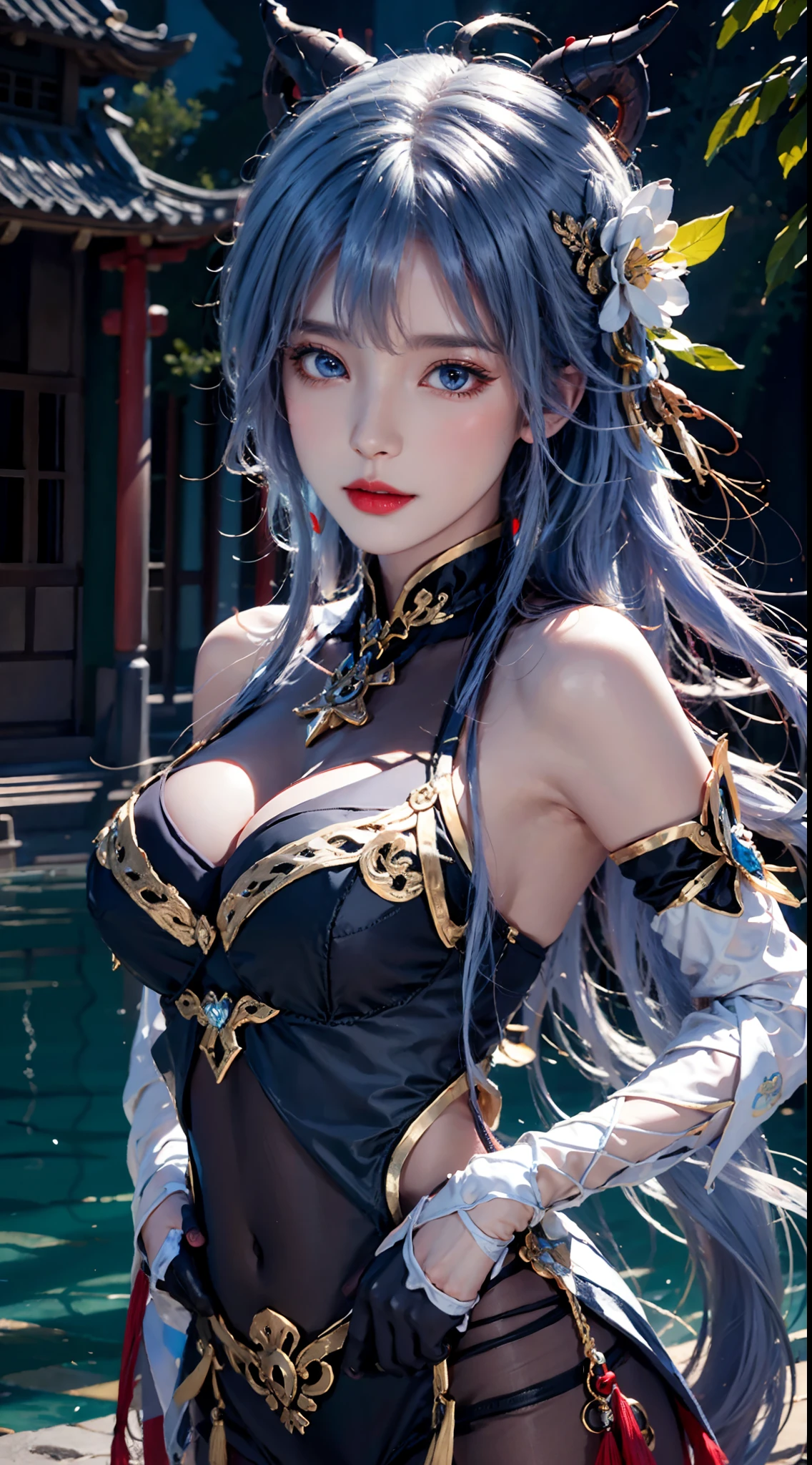 photorealistic, high resolution,masterpiece,best quality,ultra-detailed, 1women, hips up, blue eyes, ahoge, architecture, bangs, bare shoulders, bell, black gloves, black pantyhose, (blue hair), blush, breasts, chinese knot, detached sleeves, east asian architecture, flower knot, gloves, horns, long hair, medium breasts, neck bell, night, outdoors, pantyhose, purple eyes, tassel, white sleeves , intricate,