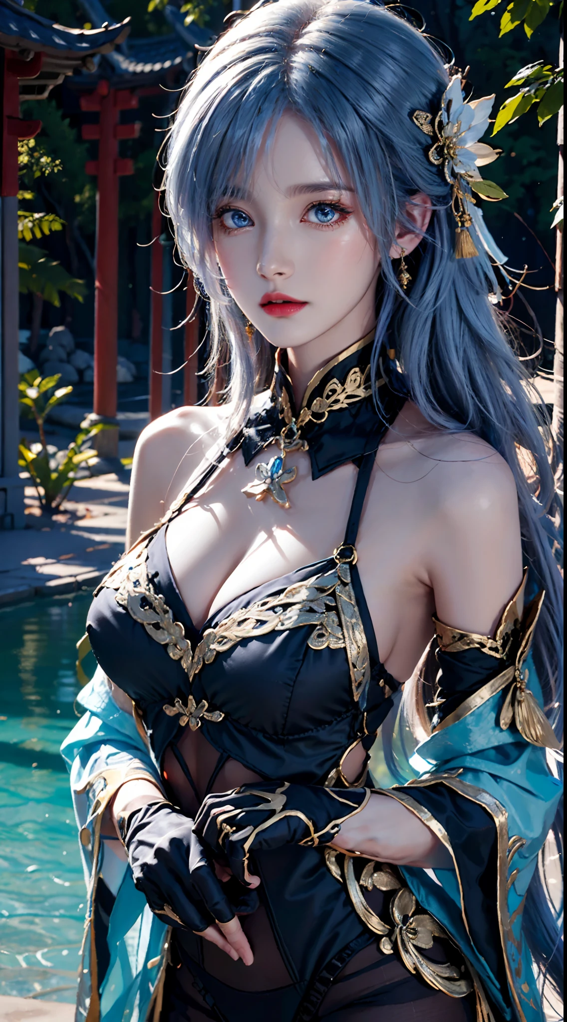 photorealistic, high resolution,masterpiece,best quality,ultra-detailed, 1women, hips up, blue eyes, ahoge, architecture, bangs, bare shoulders, bell, black gloves, black pantyhose, (blue hair), blush, breasts, chinese knot, detached sleeves, east asian architecture, flower knot, gloves, horns, long hair, medium breasts, neck bell, night, outdoors, pantyhose, purple eyes, tassel, white sleeves , intricate,