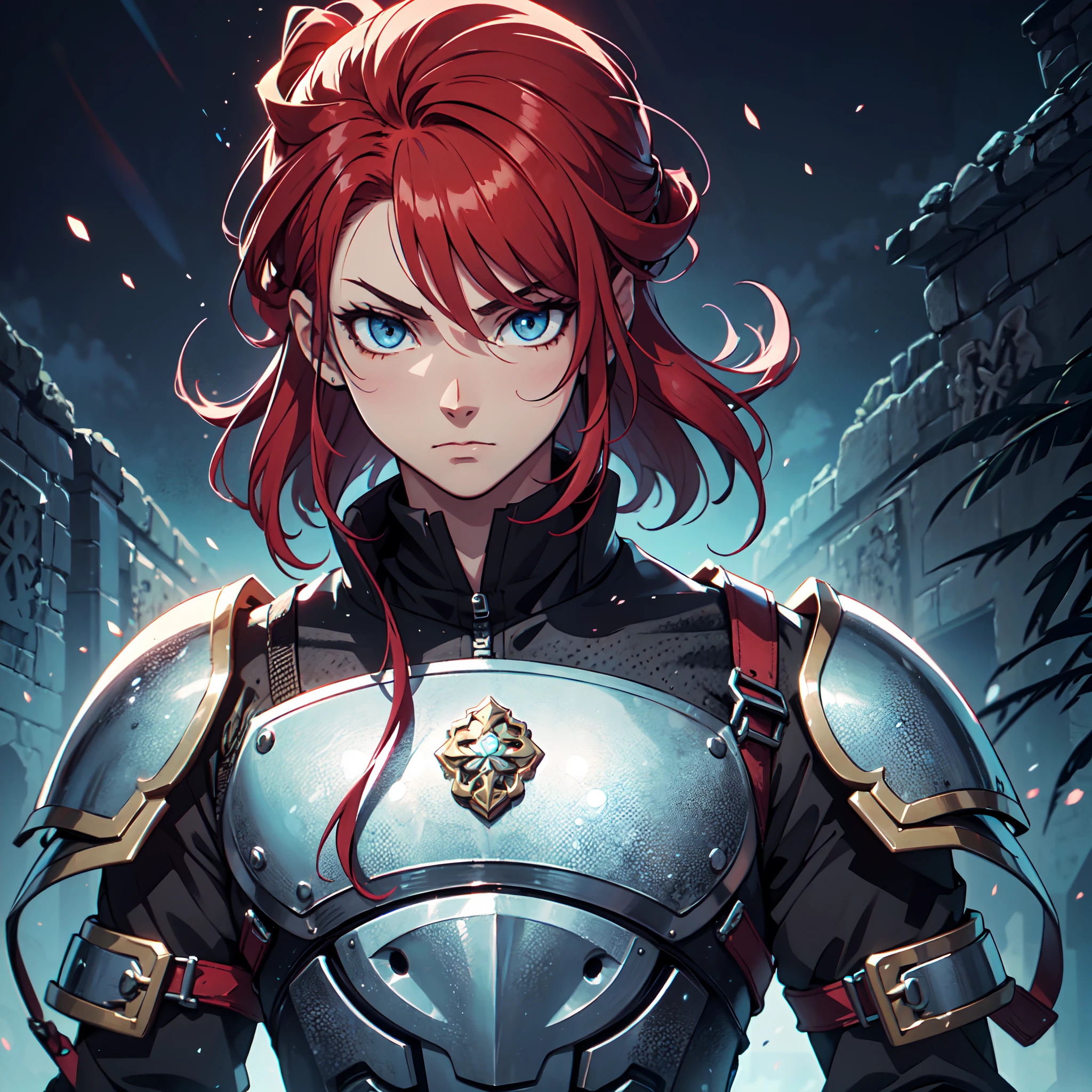 A boy in the style of Knights of the Zodiac (the lost canvas) reddish hair with bangs. attractive, handsome, muscular, with silver armor, Art image from the shoulders up, sexy, sexy fighting pose