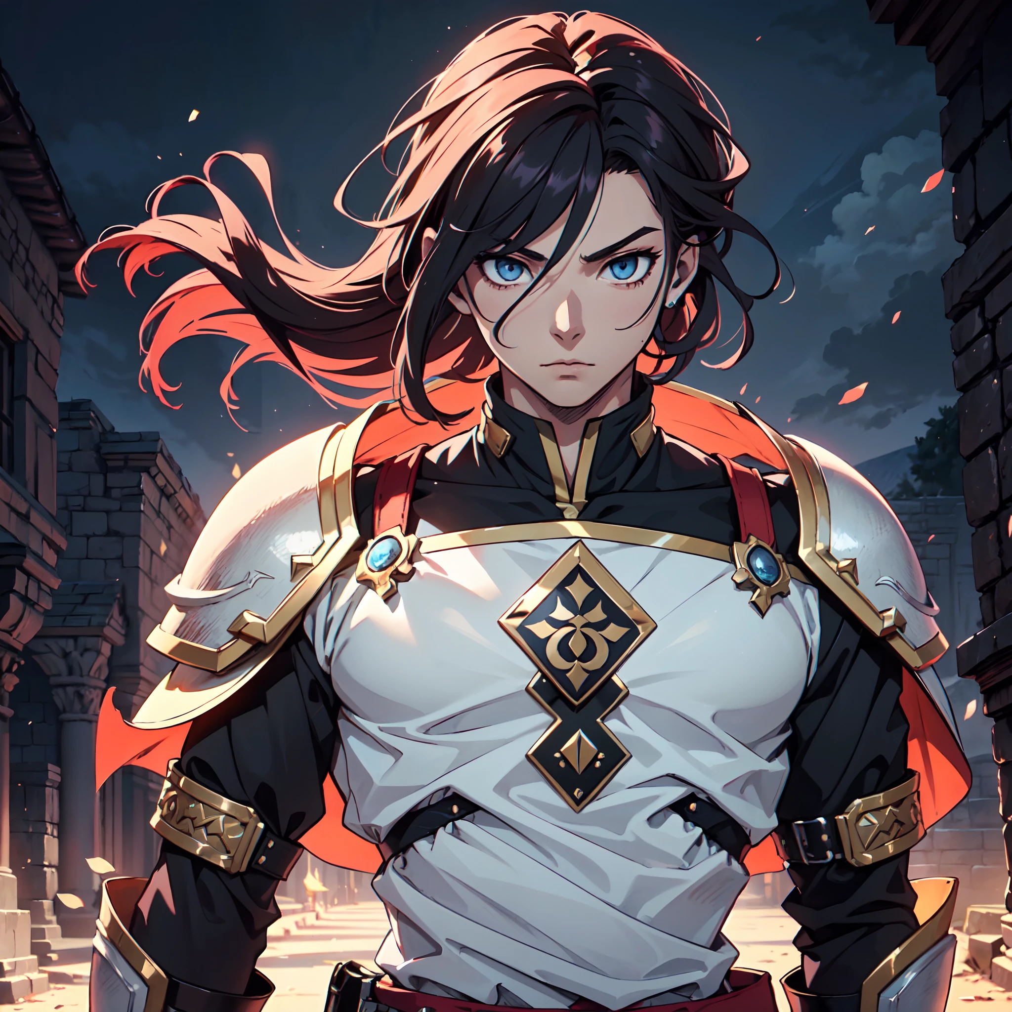 Ultra High Definition, Ultra High Quality, Extremely Detailed, Perfectly Detailed, Masterpiece, 8k, 1 Boy, Look A Like Xin From Kingdom Anime, Handsome, Equipped With All Solid Black Paladin Armor, Solid Light Blue Eyes, Long Red Hair, Body Shot, Ancient Kingdom Background