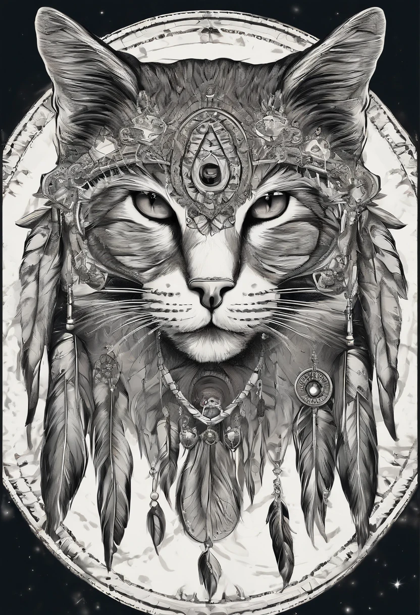 (Cat in the circle of dream catchers),"T-shirt design with cat face silhouette drawn in a circle, Crescent, and stars in the