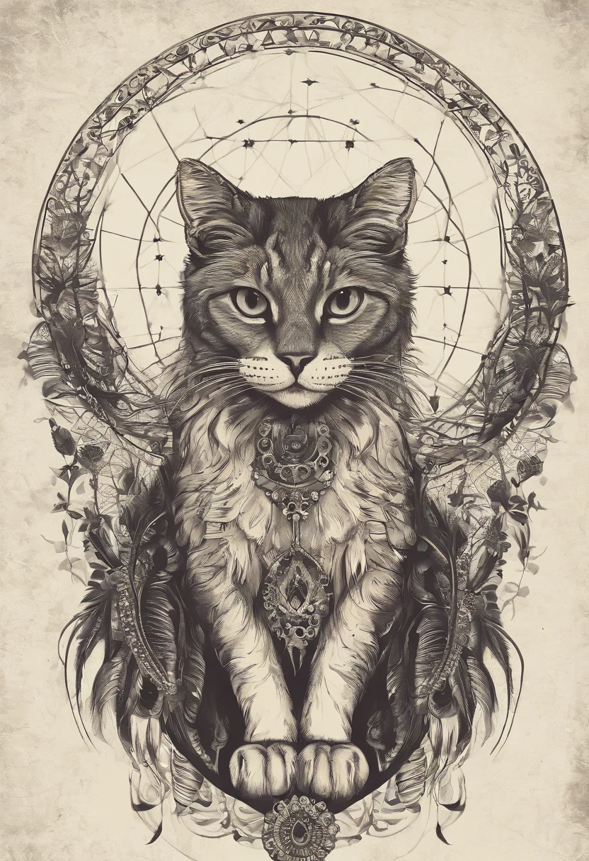 （Cat in the circle of dream catchers），"T-shirt design with cat face silhouette drawn in a circle, Crescent, and stars in the