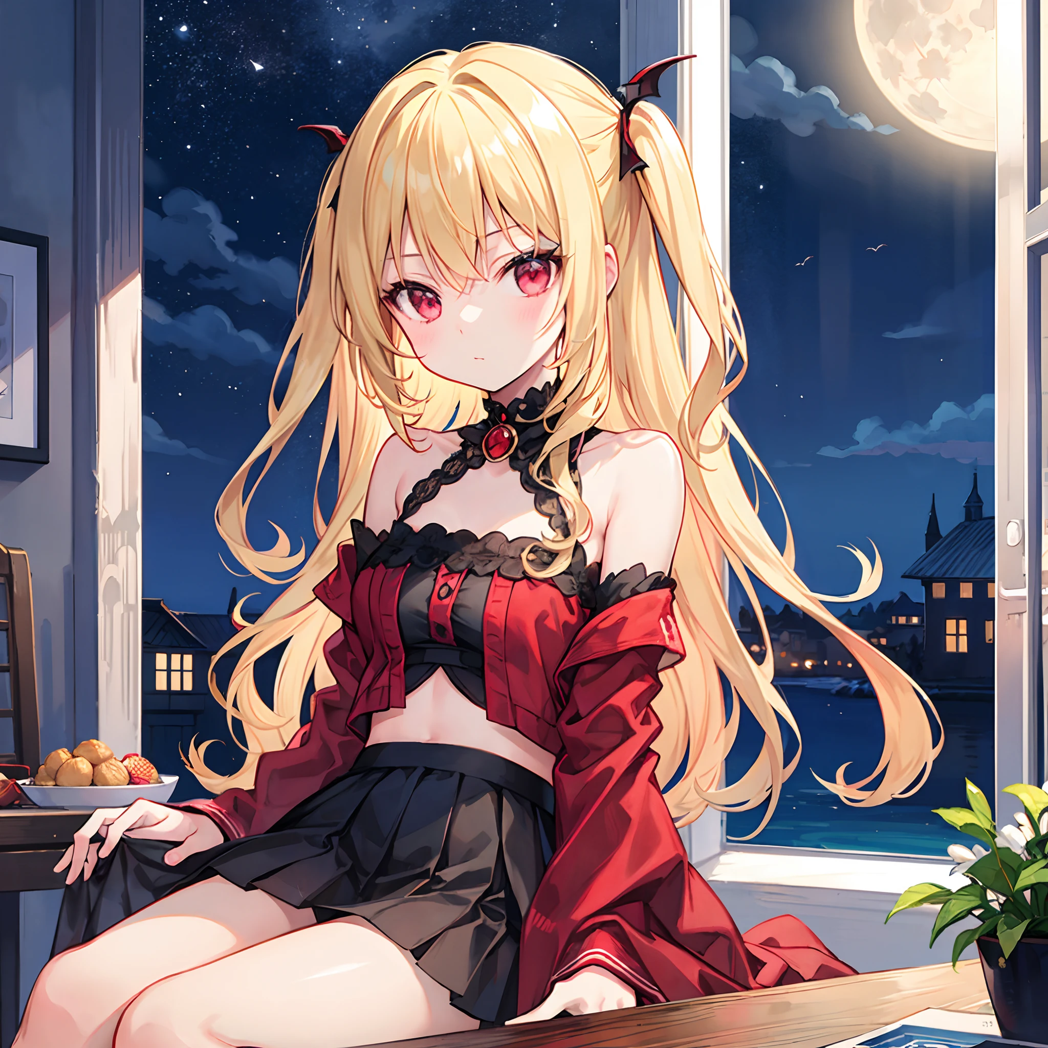 Wavy blonde、Vampire、red eyes、Beautiful girl alone、sitting on、a moon、