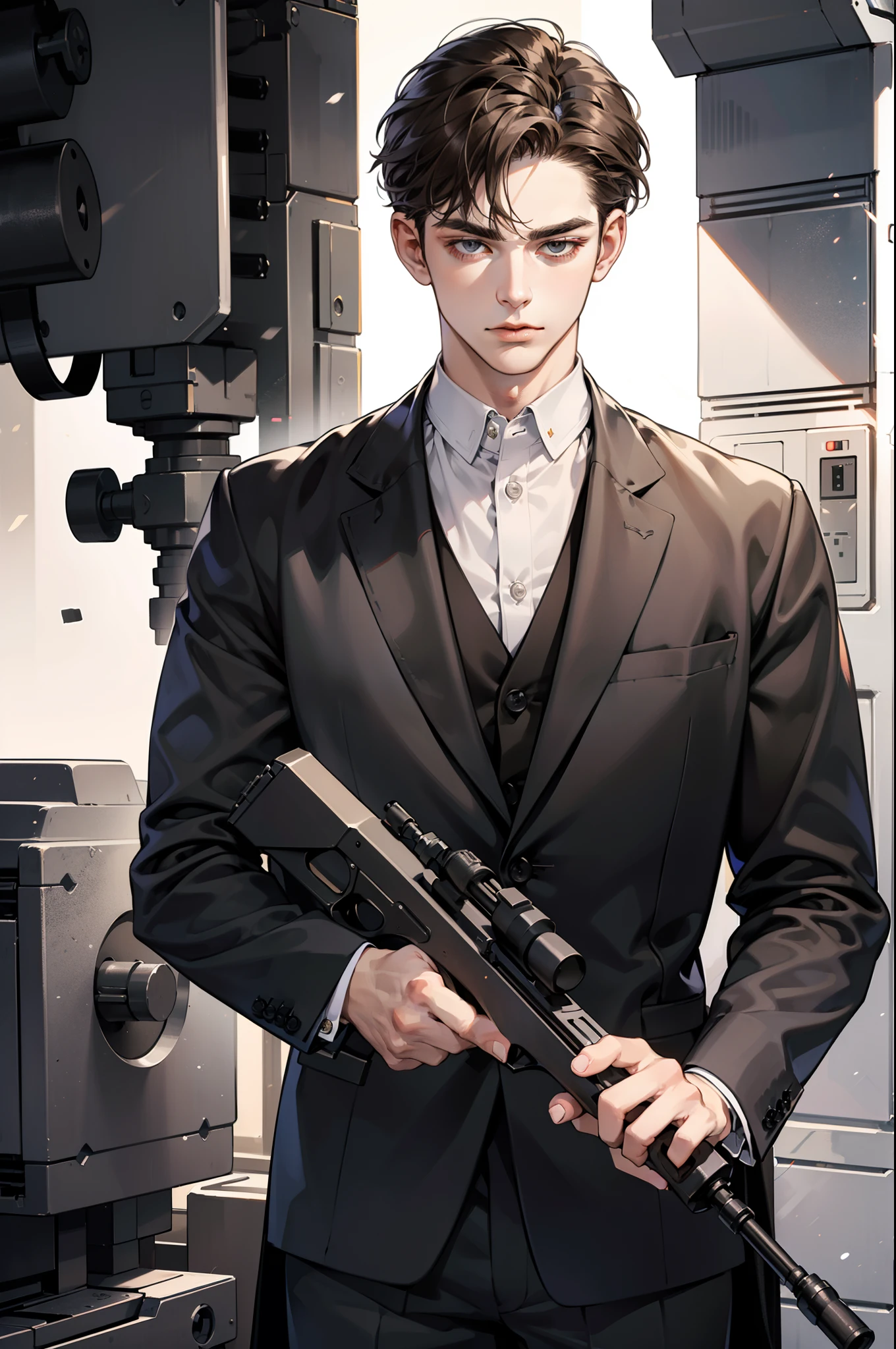 masterpiece, best quality, realistic, 1man, mature male, quiet and charming young man, 25 years old, close his eyes, serious, closed mouth, extremely detailed face, cold, ((dark grey eyes)), ((short-right-swept dark brown hair)), [thick eyebrows], mafia, ((black suit)), ((holding a machine gun)), accurate, detailed.