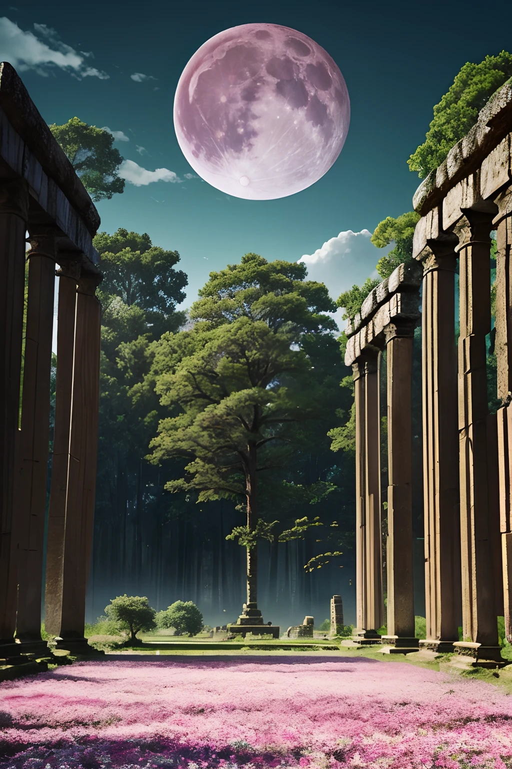 Ultra-precision photography、flower field,Cherry trees around it, Ancient magical ruins can be seen in the distance, Ancient ruins in the forest, , mysterious temple setting, Overgrown ruins, The background is ruins、A huge moon in the sky、a picture