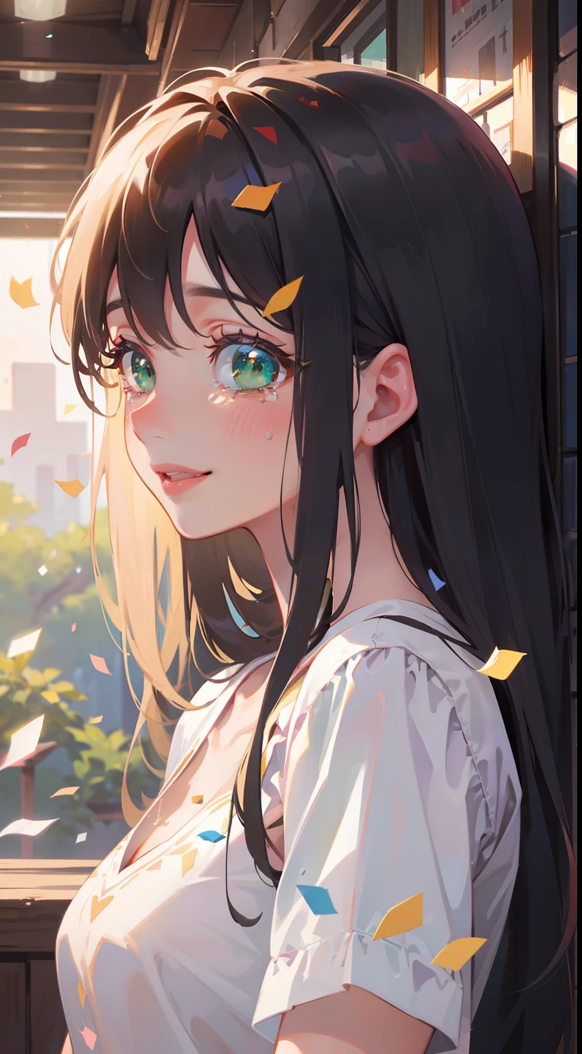 (masterpiece), (best quality), ultra high res, warm pastel tone, upper body, profile shot, (from ground), ((1 mature woman, solo)), very stunning and gorgeous mature woman, beautiful detailed hair, chestnut brown hair, smooth long hair, flowing hair by wind, confetti rains, beautiful detailed face, perfect beautiful face, ((beautiful shape eyes, green eyes)), crying, looks up, comfortable face, beautiful lips, smiles, feminine casual dress