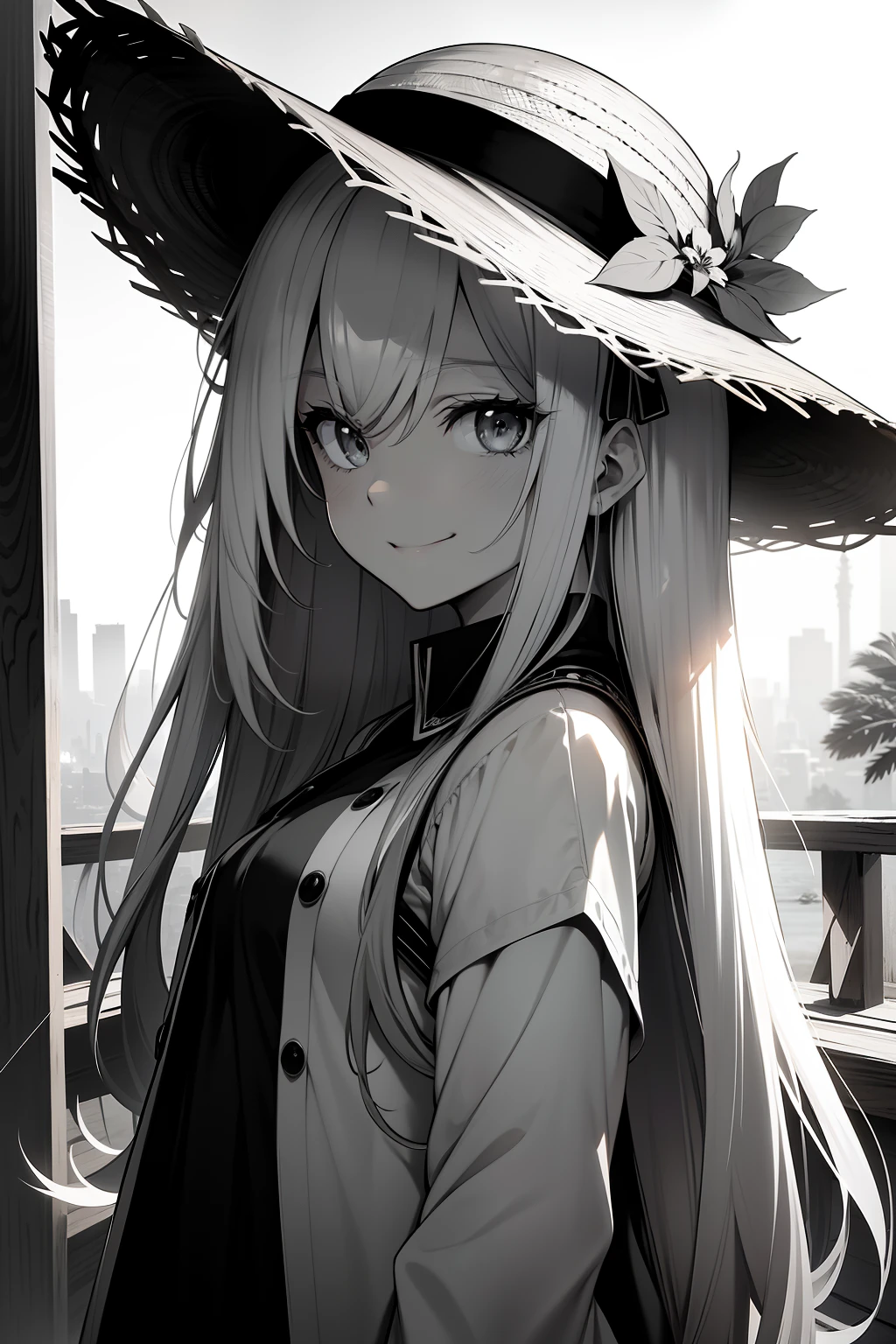 Works of masters,tmasterpiece,best qualtiy,8K,highly details,petite,Absurdly long hair,(Hair flap),(shinny hair),grinning smile,(black and white picture:1.5),up-close,closeup of face,Straw Hat Hat,(shaded face),sun skirt,Pupil of the slit,(ink wash style),Black and white shadow style