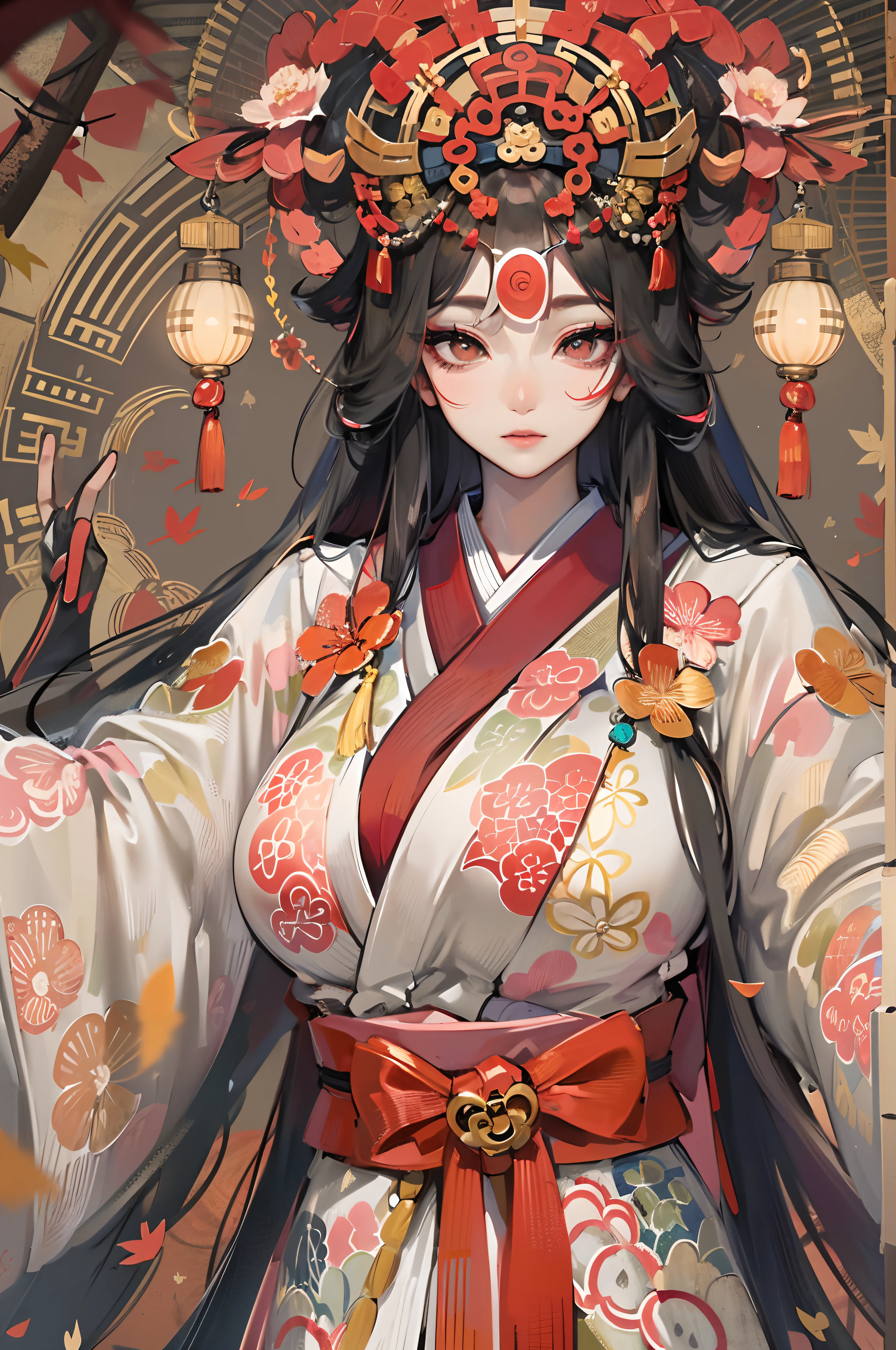 ((tmasterpiece)),(Best quality at best),(A half body),(ultra intricately detailed),(Highest definition),(8K),(Clean lines),(Perfect facial features,Perfect flesh),(offcial art),1 mother,Married Woman,shrine maiden,cabelos preto e longos,(Amaterasu),A Japanese shrine,(prengant),Giant buttocks,((super gigantic breasts)),Maple leaves,paleskin,shrine maiden clothe