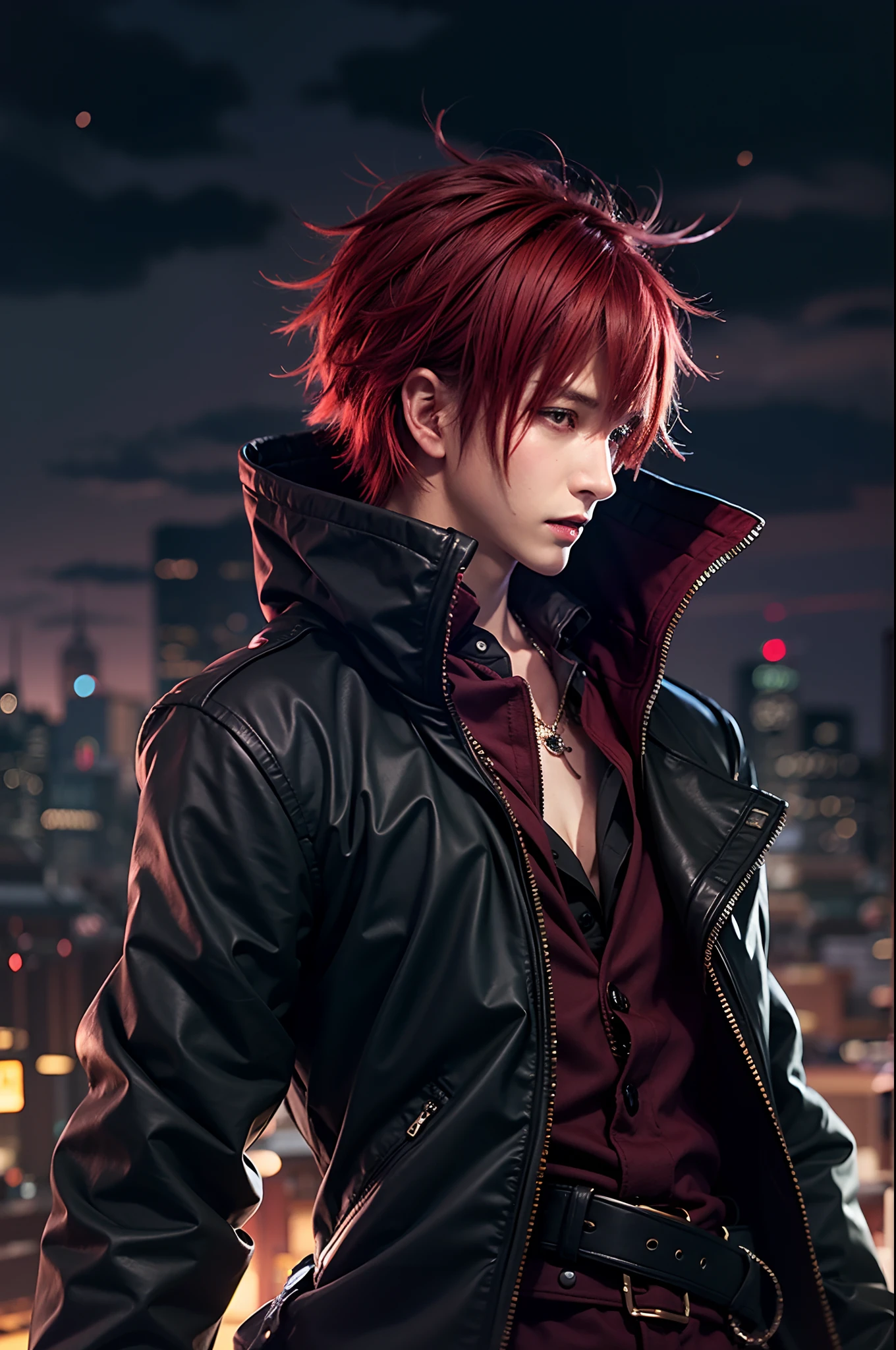 anime character with red hair and a black jacket, with red hair, anime handsome man, male anime character, 1boy, solo, suoh mikoto, k project, (((vampire))), insanity, malkavian, city in background, (night), smirk, cowboy shot, dynamic lighting