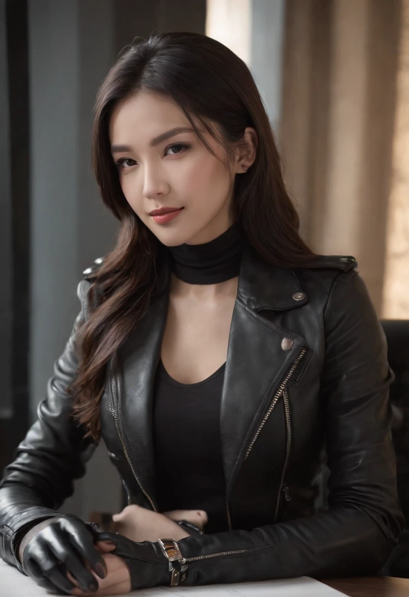 Wearing black leather gloves in both hands Upper body Black leather riders jacket Black leather skinny pants Black leather long boots Necklace on the chest Smiling at the desk in the modern study in the dark, long straight black hair Young Japanese woman (black leather gloves cover both hands) With the fingers of black leather gloves, sitting on a leather chair, working on the computer, staring at the screen