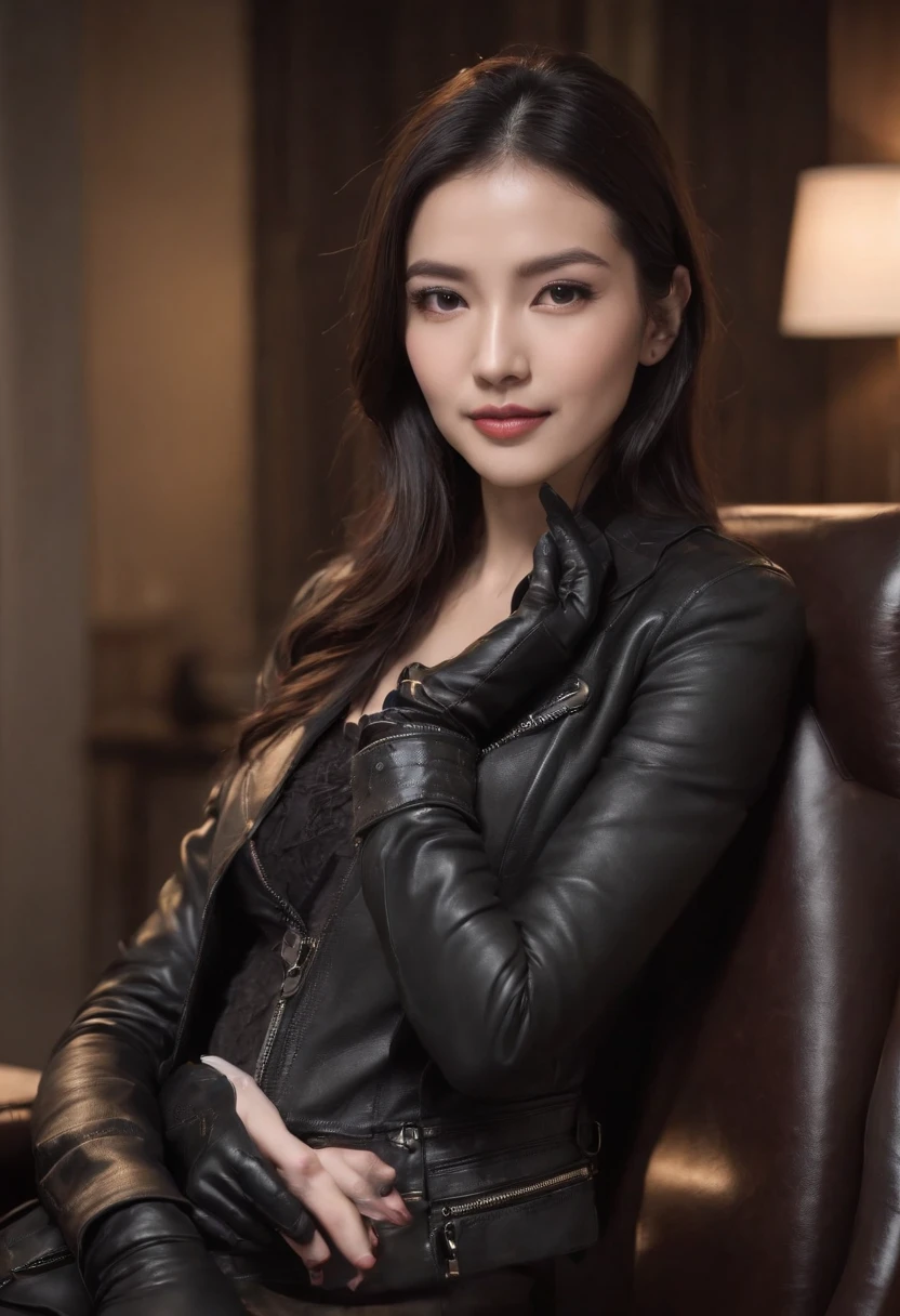 Wearing black leather gloves in both hands Upper body Black leather riders jacket Black leather skinny pants Black leather long boots Necklace on the chest Smiling at the desk in the modern study in the dark, long straight black hair Young Japanese woman (black leather gloves cover both hands) With the fingers of black leather gloves, sitting on a leather chair, working on the computer, staring at the screen