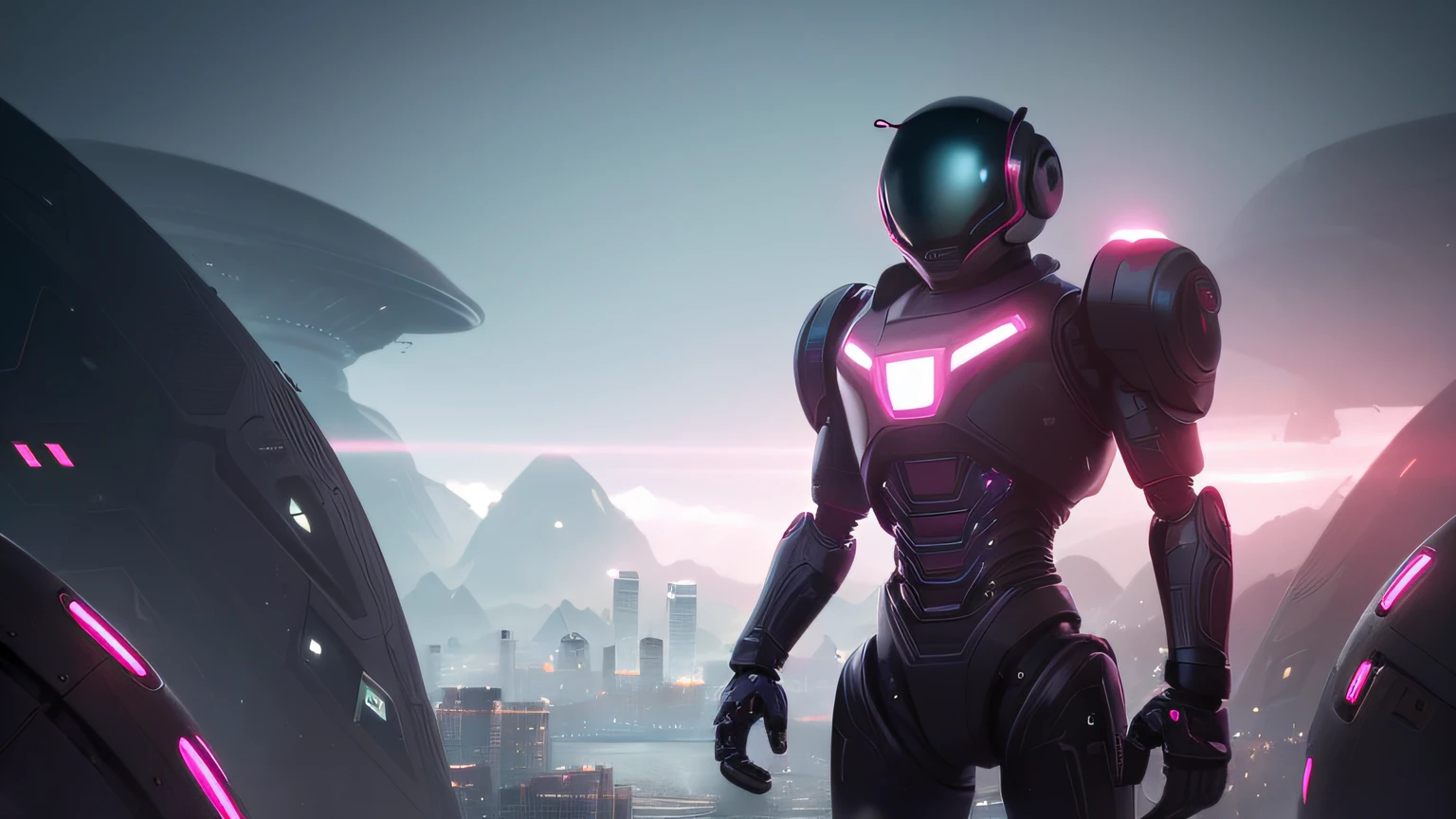 old photography filter, old photo, old camera. a black robot. Room with neom lights, balcony for alien life. alien city. White and Pink, 8K, Realistic photo, male robot, deep color, fantastical, intricate detail, splash screen, complementary colors, 8k resolution trending on Artstation Unreal Engine 5"