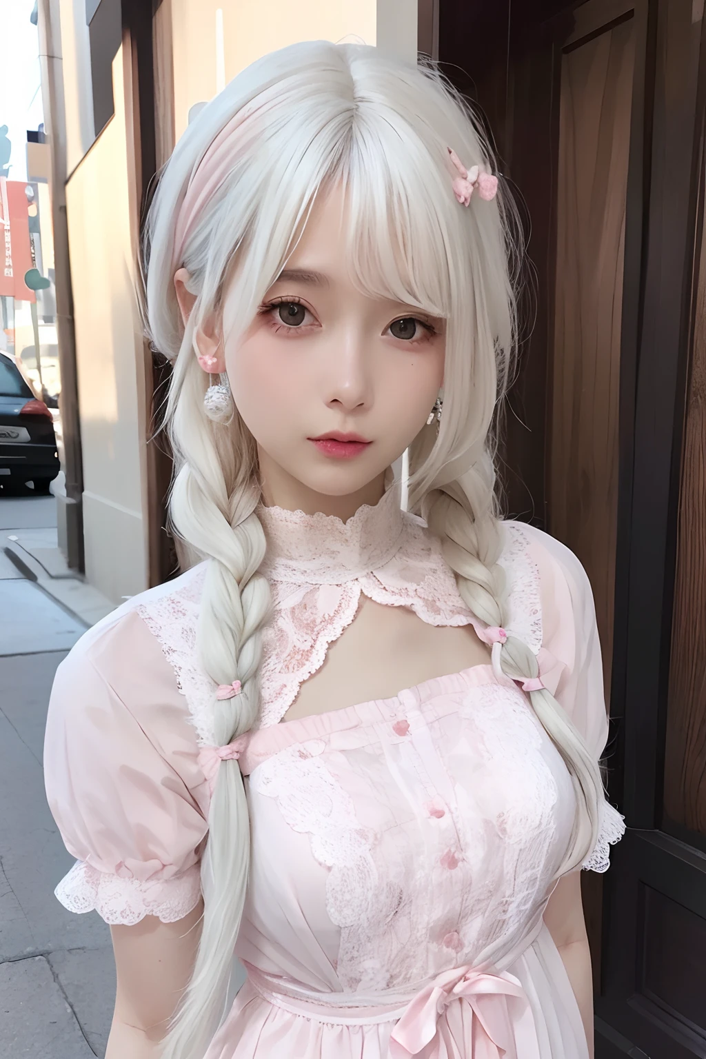 1girll, White hair, Long hair,  best qualtiy, The upper part of the body, Realism, Detailed eyes, 26 year old girl, On the street,shift dresses，White lace dress，Pearl earrings，Twist braids，pink bows，Lace，a picture，Cinematic texture