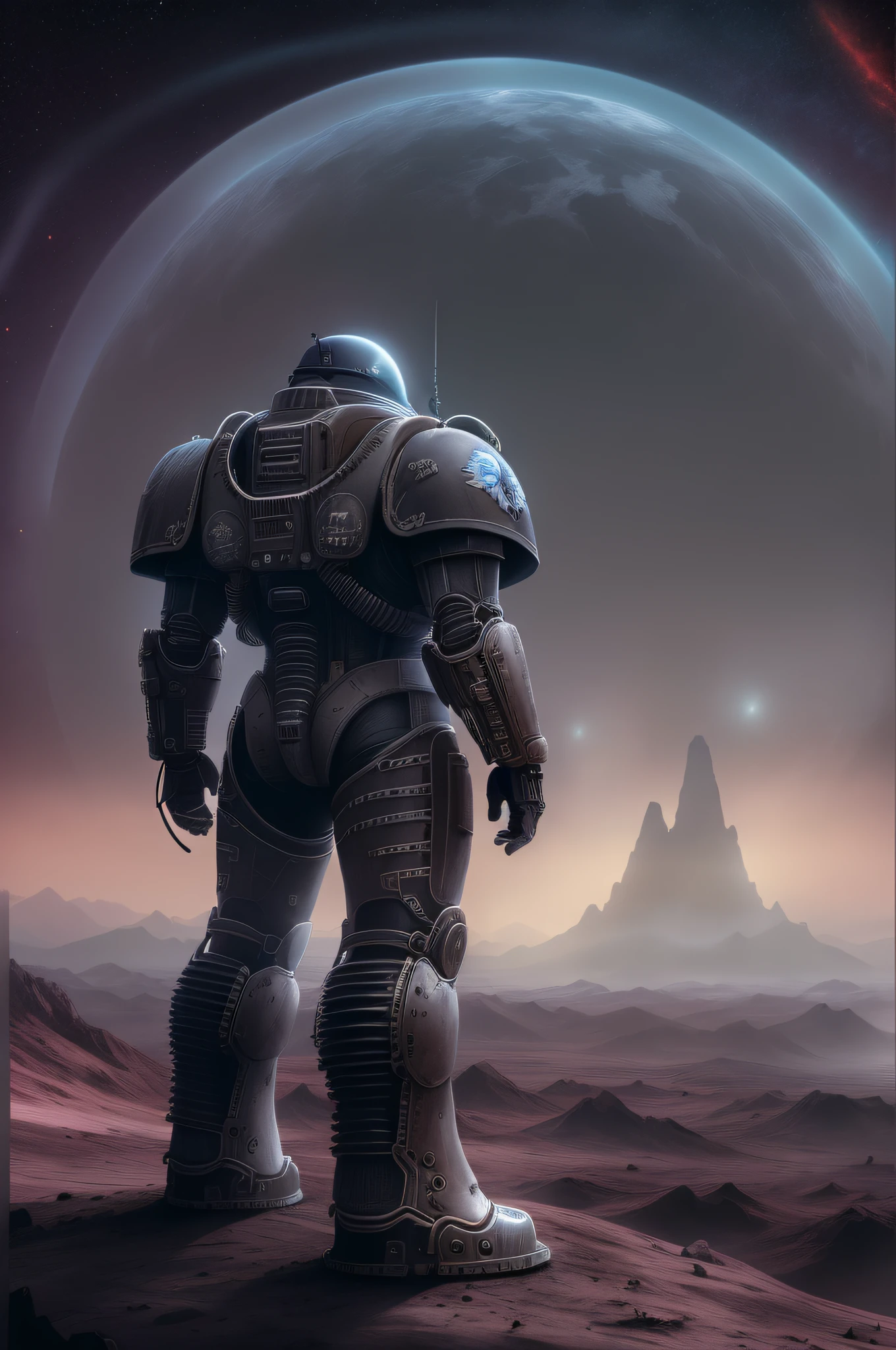A Space Marine Standing on A Alien Planet, A Huge Planet With Rings On the Horizon, wide Cinematic framing, Slight hint of Atmosphere, Milky Way, digital illustration, inspired by the artistry of H.R. Giger, featuring a surreal and eerie landscape with biomechanical elements, casting an ominous atmosphere over the lone Space Marine --v 5 --stylize 1000
