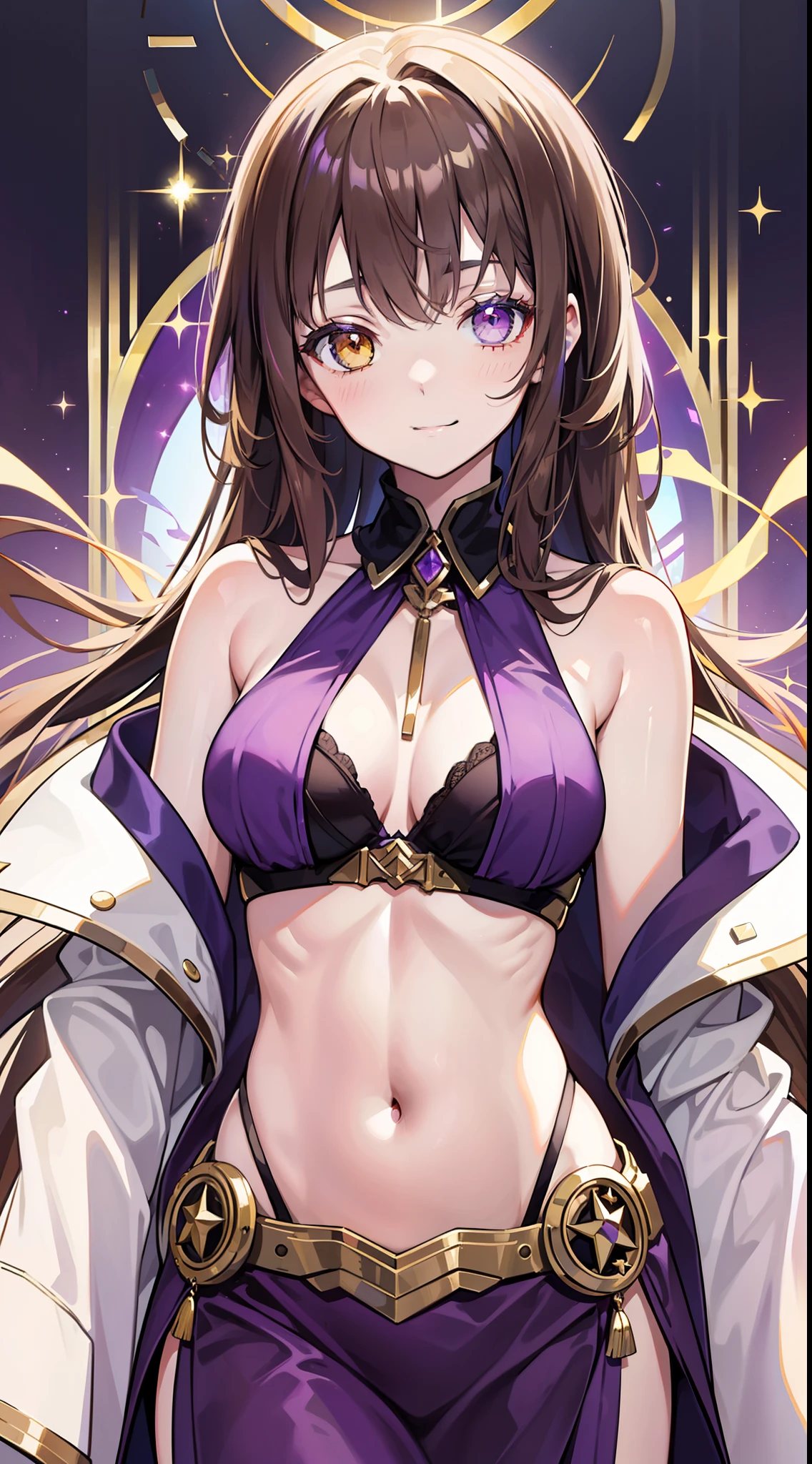 young girl, Long brown hair, Heterochromia, golden and purple eyes, Purple robe, Sleeveless, Deep neckline on the chest, open breasts, open belly, ssmile, Masterpiece, hiquality, high detail, HD, 4k