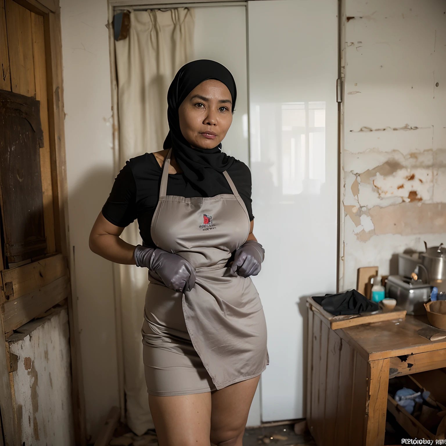 ((masterpiece, Best Quality, High resolution, 32K HDR)), 1female, Solo, (Ultra realistic portrait of mature Malaysian woman:1.55, mature Muslim woman:1.5, Chubby Malaysian Woman:1.65, she is 50years old Malaysian:1.85, hijab:1.2, house keeper, tanned skin:1.25, no bra:1.3, naked apron:1.3, no panty, rubber glove:1.15), (tongue out:1.7, shabby abandoned house:1.35, Messy toilet:1.2, Dark atmosphere:1.2, ultra Huge breasts:1.15),