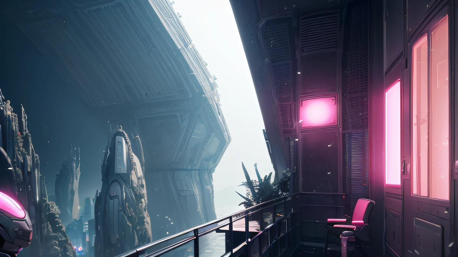 old photography filter, old photo, old camera. a black robot. Room with neom lights, balcony for alien life. alien city. White and Pink, 8K, Realistic photo, male robot, deep color, fantastical, intricate detail, splash screen, complementary colors, 8k resolution trending on Artstation Unreal Engine 5"