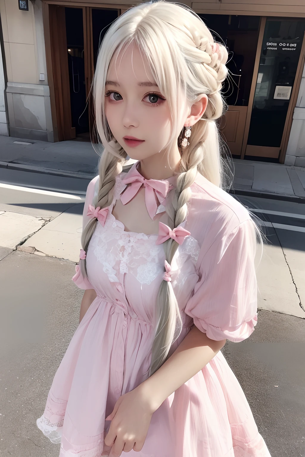 1girll, White hair, Long hair,  best qualtiy, The upper part of the body, Realism, Detailed eyes, 26 year old girl, On the street,shift dresses，White lace dress，Pearl earrings，Twist braids，pink bows，Lace，a picture，Cinematic texture