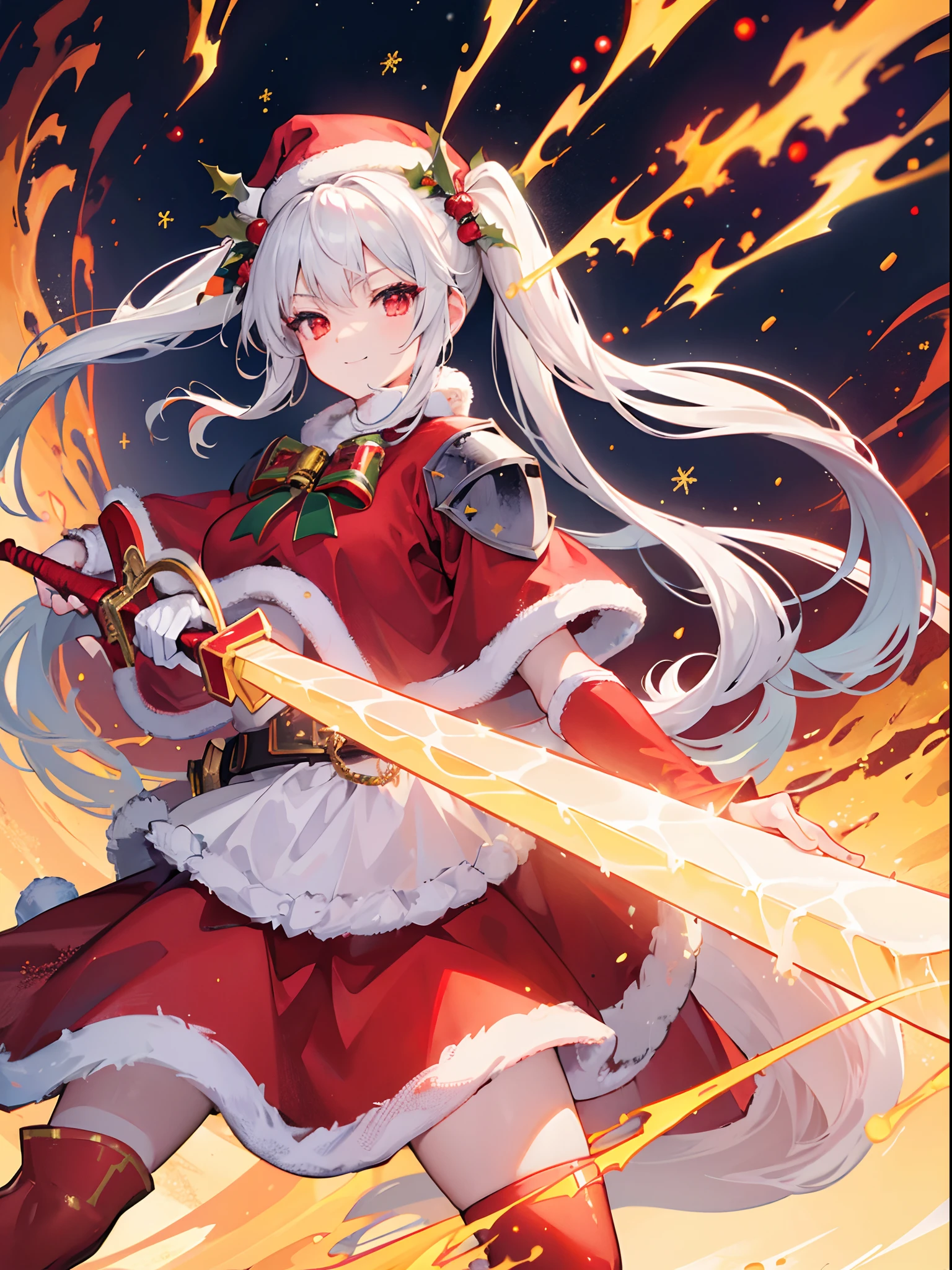 (Best Quality, masterpiece:1.3), Illustrations, Anime, Very high resolution, large filesize, full color, Beautiful detailed glow, Front light, 1girl, Solo, Christmas, (santa hat), ((Santa costume|Knight armor:1.3)), (gigantic sword:1.2), burning sword, Christmas Decorations, Smiling, White hair, Red Eyes, (Twintails), (Burning effects:1.4), Fighting, (Burning Background:1.4)