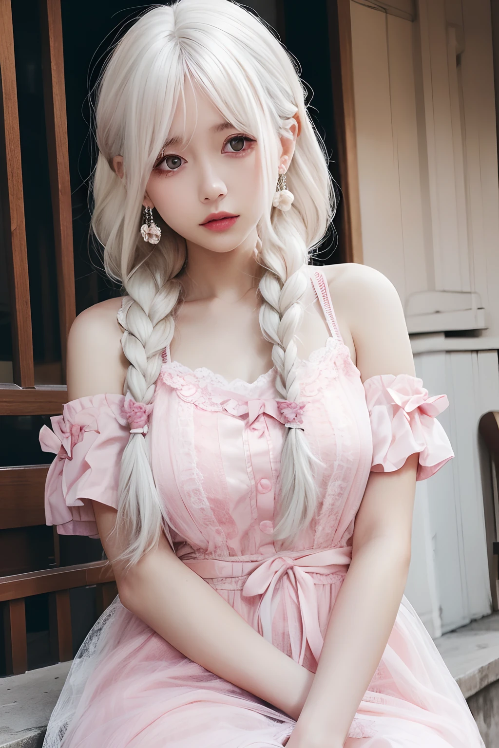 1girll, White hair, Long hair,  best qualtiy, The upper part of the body, Realism, Detailed eyes, 26 year old girl, On the street,shift dresses，White lace dress，Pearl earrings，Twist braids，pink bows，Lace，a picture，Cinematic texture