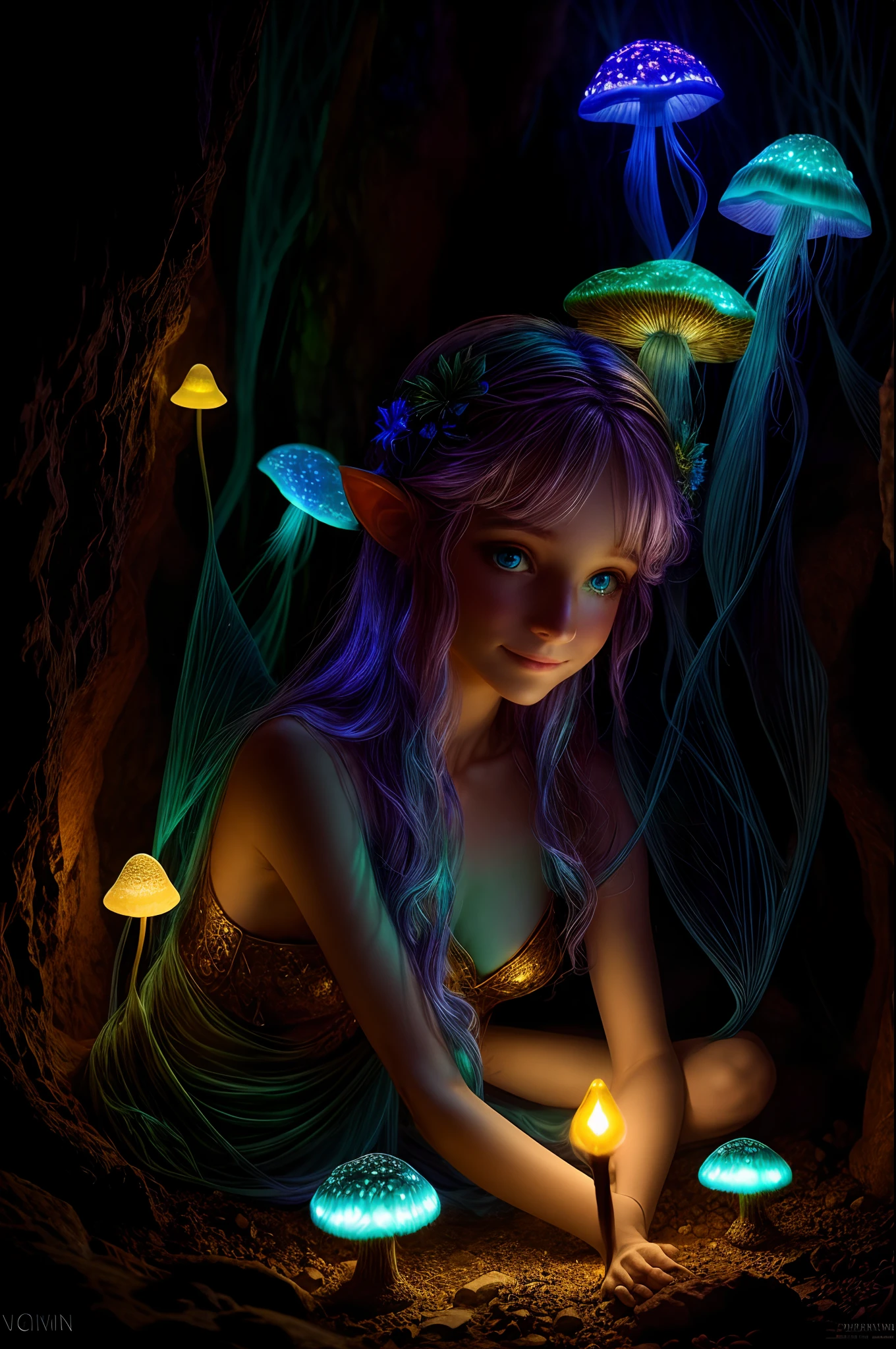 Faery on a Bioluminescent Mushroom in a Cave captured in photography with a 50mm lens, conveying a sense of mystique and intimacy as the faery gracefully balances on the mushroom, surrounded by the gentle warmth of golden cave light, her face adorned with a serene smile--v 5 --stylize 1000