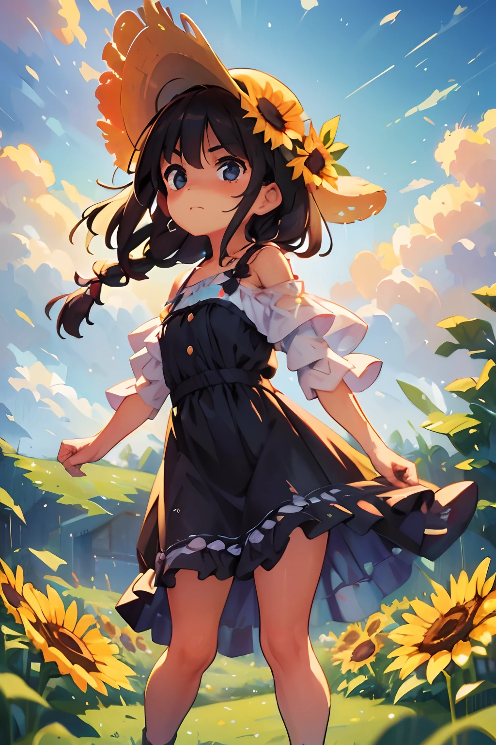 (4K quality, a masterpiece) A girl. He wears a sunflower straw hat and braids on his head. The background is a large field of sunflowers, rendered in oil painting style, with black hair in ultra high definition.