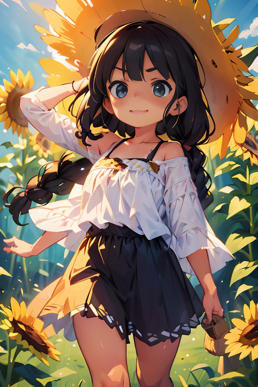 (4K quality, a masterpiece) A girl. He wears a sunflower straw hat and braids on his head. The background is a large field of sunflowers, rendered in oil painting style, with black hair in ultra high definition.